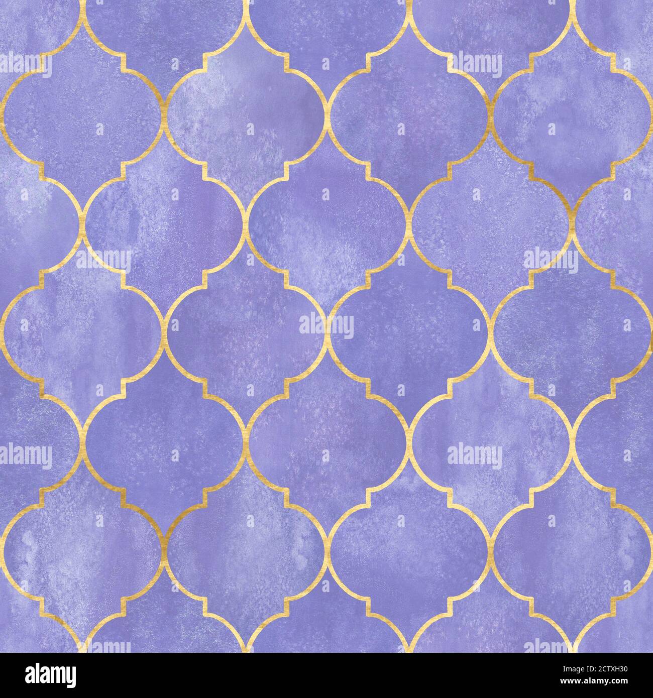 Vintage dekorative marokkanische Nahtloses Muster mit Goldlinie. Aquarell handgezeichnet lila Buntglasfenster Design. Aquarell geometrische Orienta Stockfoto