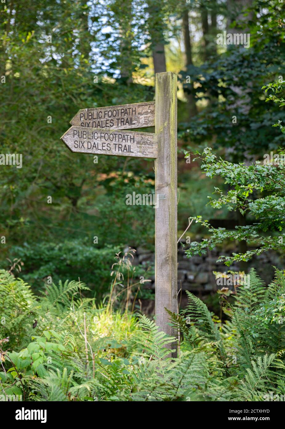 Öffentlicher Fußweg Schild Six Dales Trail, Yorkshire Dales, England, Vereinigtes Königreich Stockfoto