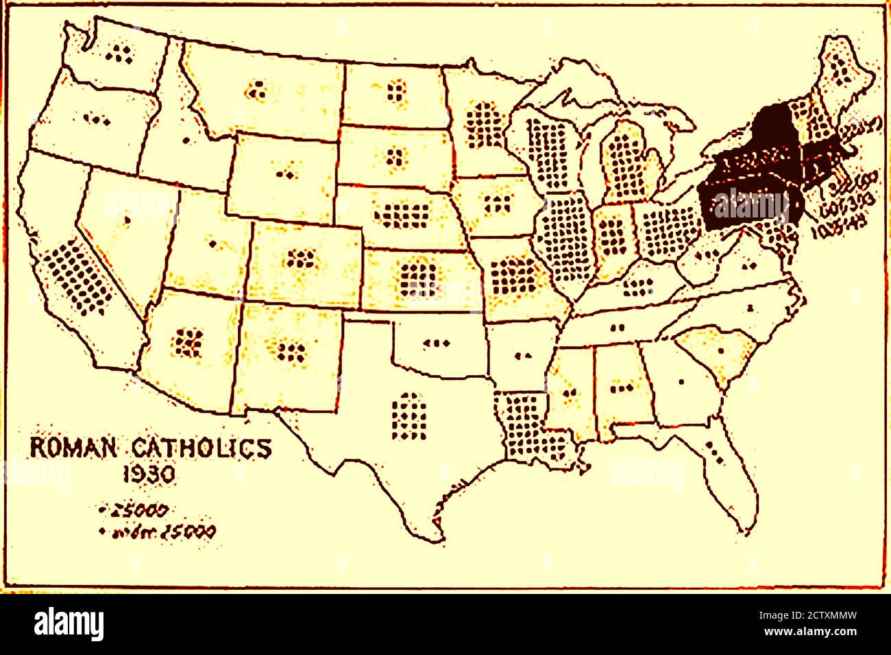 Eine historische Diagramkarte, die die Anzahl und Verteilung der Katholiken in jedem Staat Amerikas im Jahr 1930 zeigt. Stockfoto