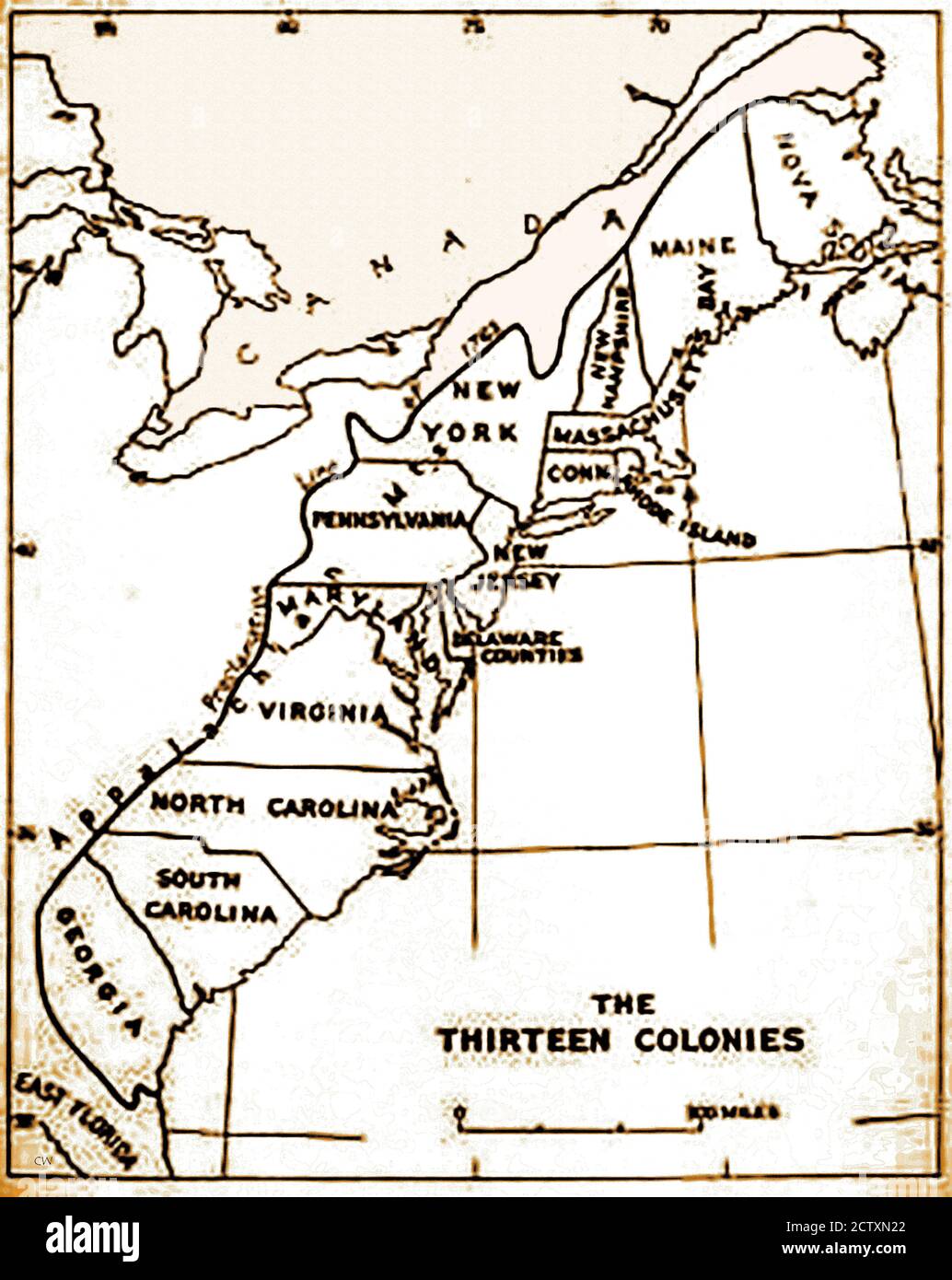 Eine historische Karte der ursprünglichen 13 Kolonien der USA. Spanien beanspruchte das gesamte Land vom Mississippi-Fluss bis zum Pazifischen Ozean, plus den Golf von Mexiko.der Vertrag von Paris schuf eine neue Nation im Jahr 1783 und verdoppelt die Größe der ursprünglichen 13 Kolonien, erweitert seine Grenzen bis zum Mississippi-Fluss. Delaware (ein Sklavenstaat) war der 1. Staat, der die US-Verfassung im Jahr 1787 ratifizierte, Pennsylvania war der 2. Im Dezember 1787 und erklärte sich selbst zu einem "Freien Staat". Tage später folgte Ndew Jersey. Stockfoto
