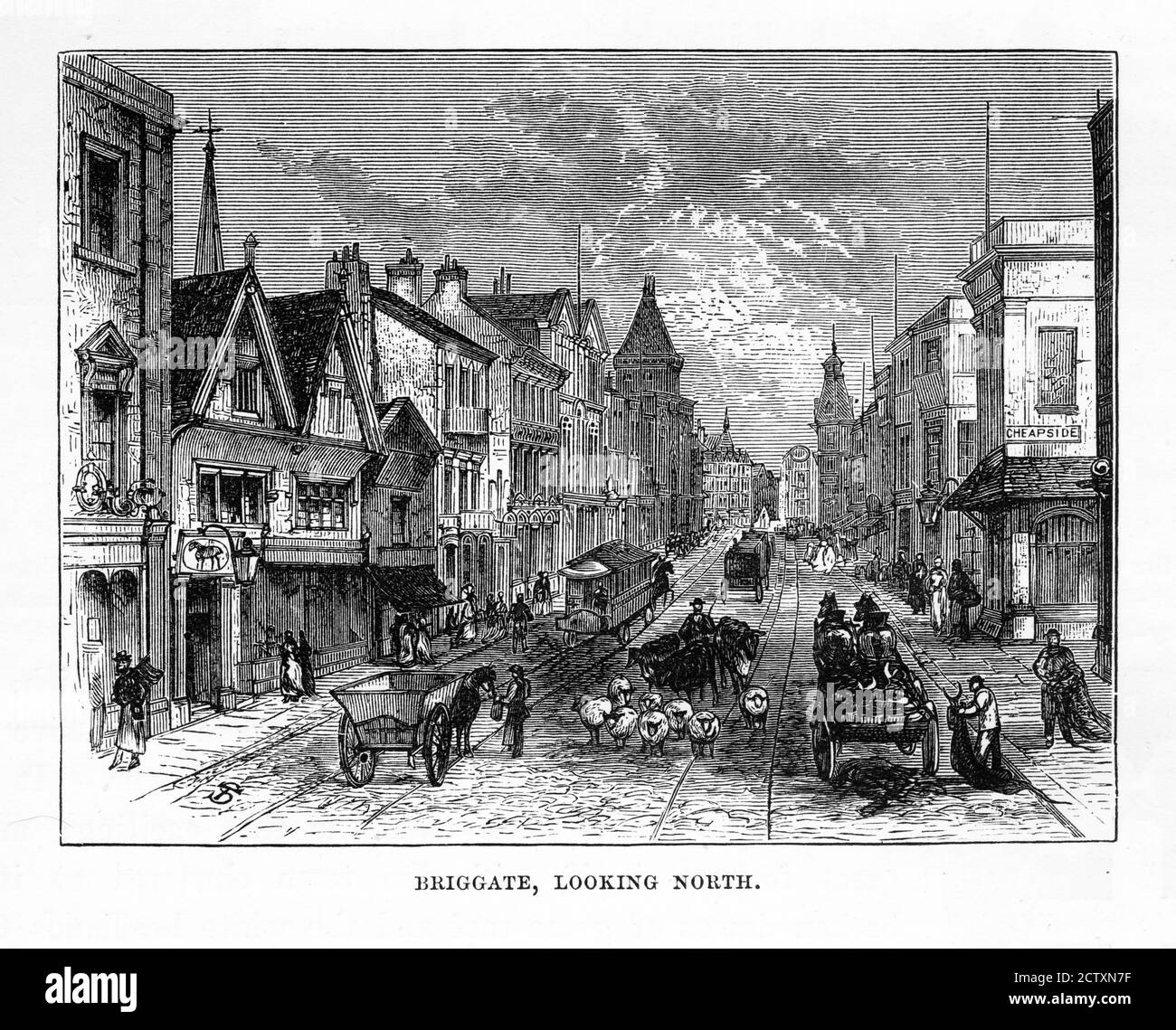 Briggate, England im frühen 18. Jahrhundert Victorian Engraving Stockfoto