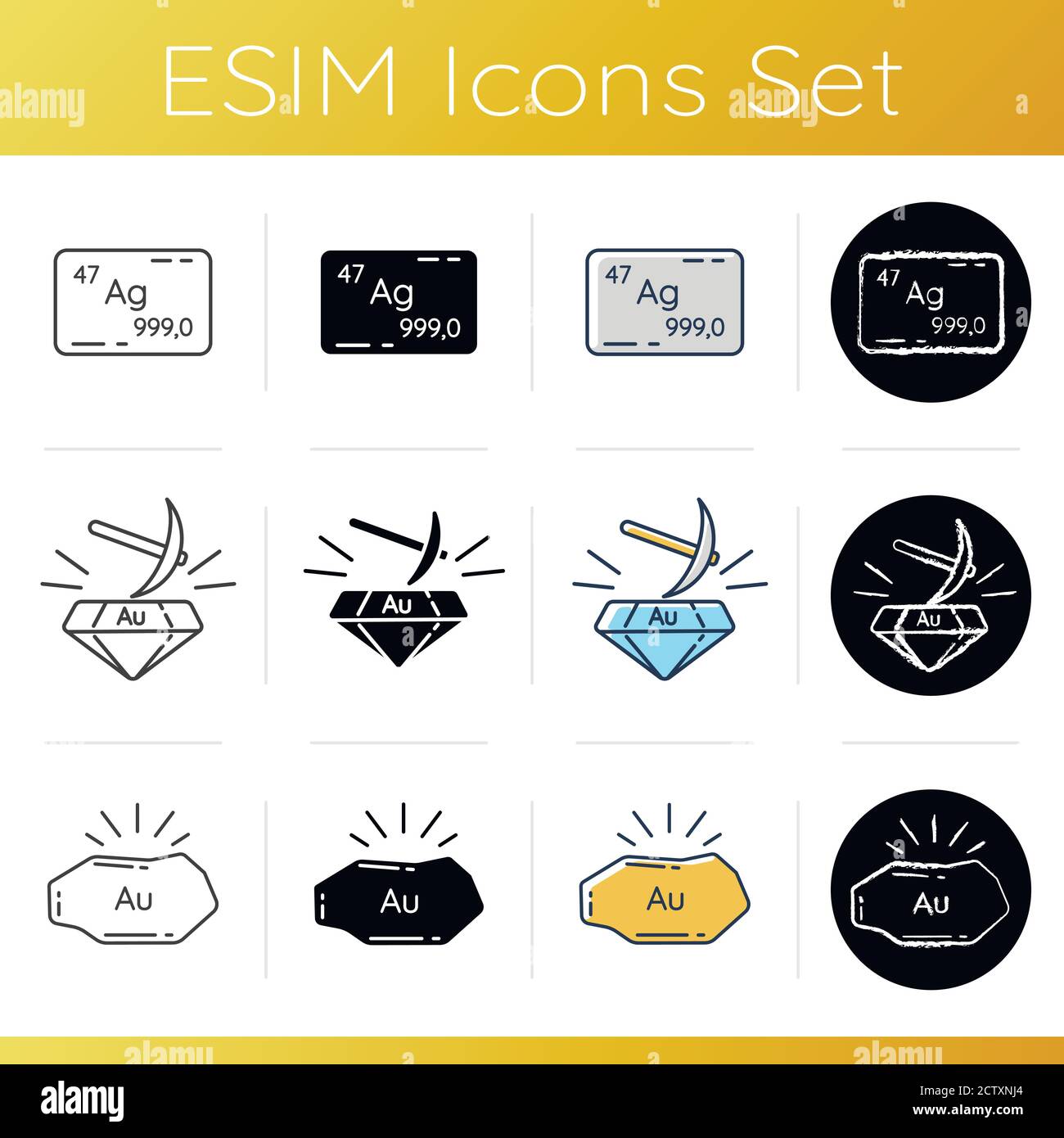 Goldbergbau Icons set Stock Vektor