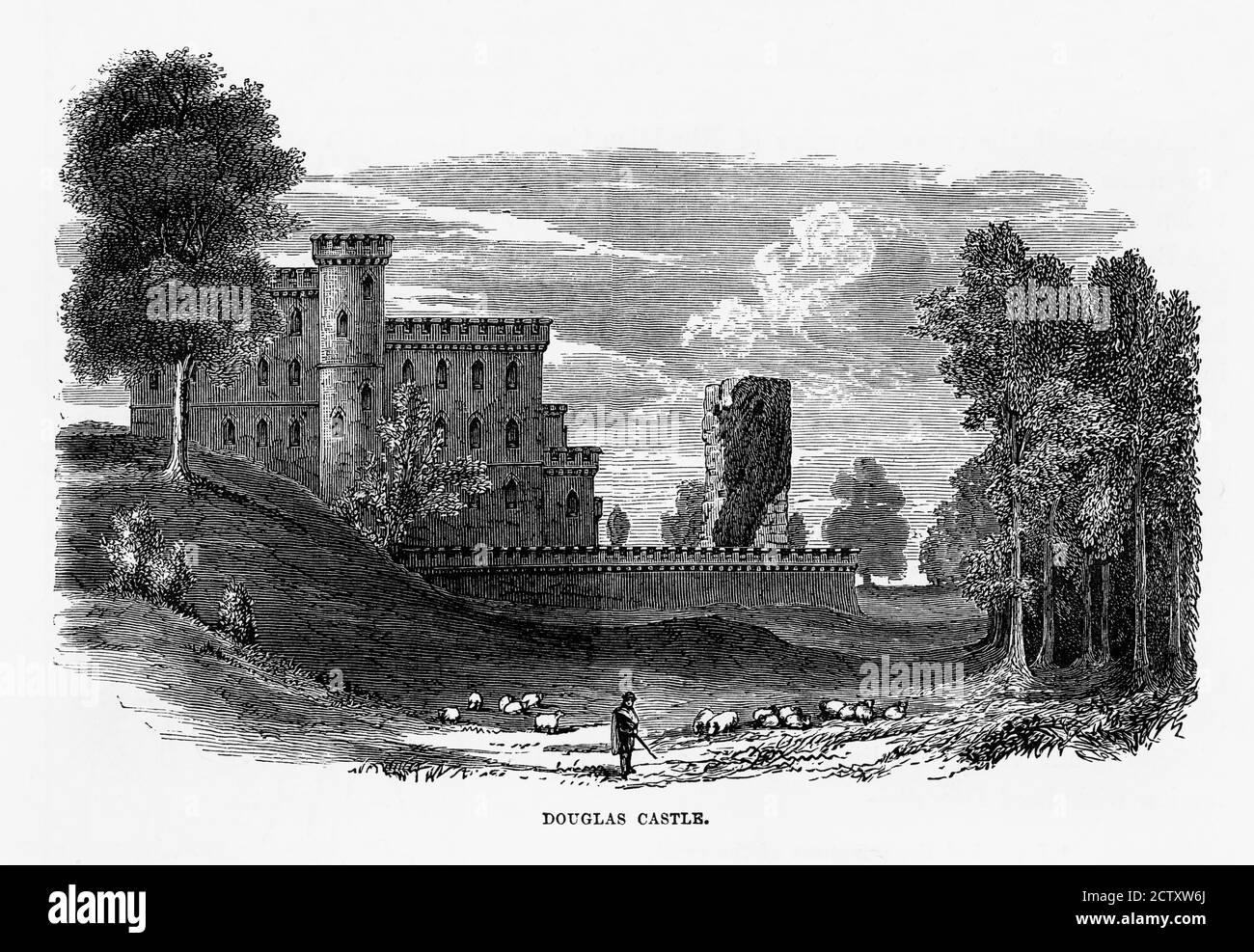 Douglas, Schottland, Douglas Castle, Victorian Engraving, Um 1840 Stockfoto