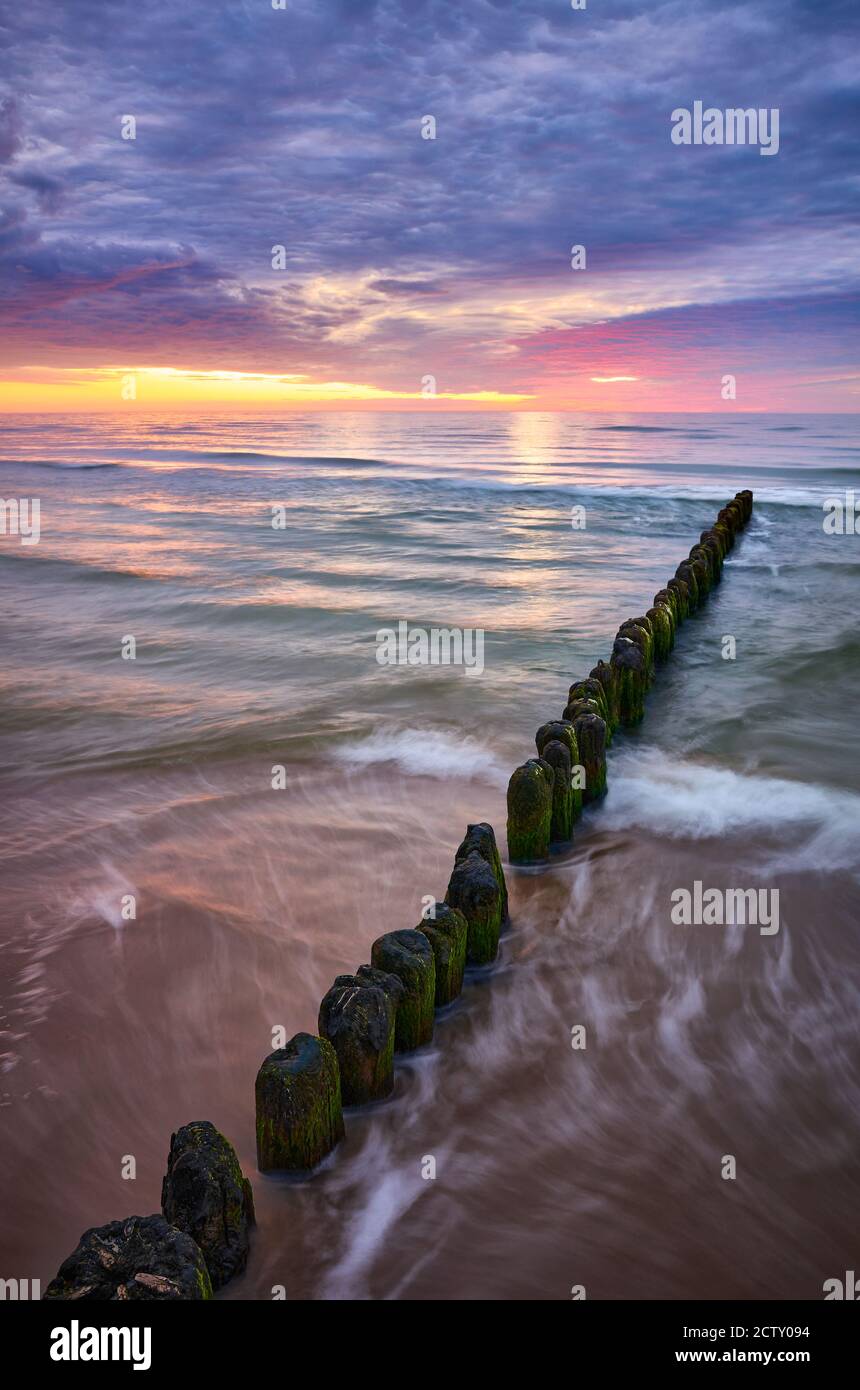 Alte hölzerne Wellenbrecher bei violettem Sonnenuntergang, Ostseeküste, Polen. Stockfoto