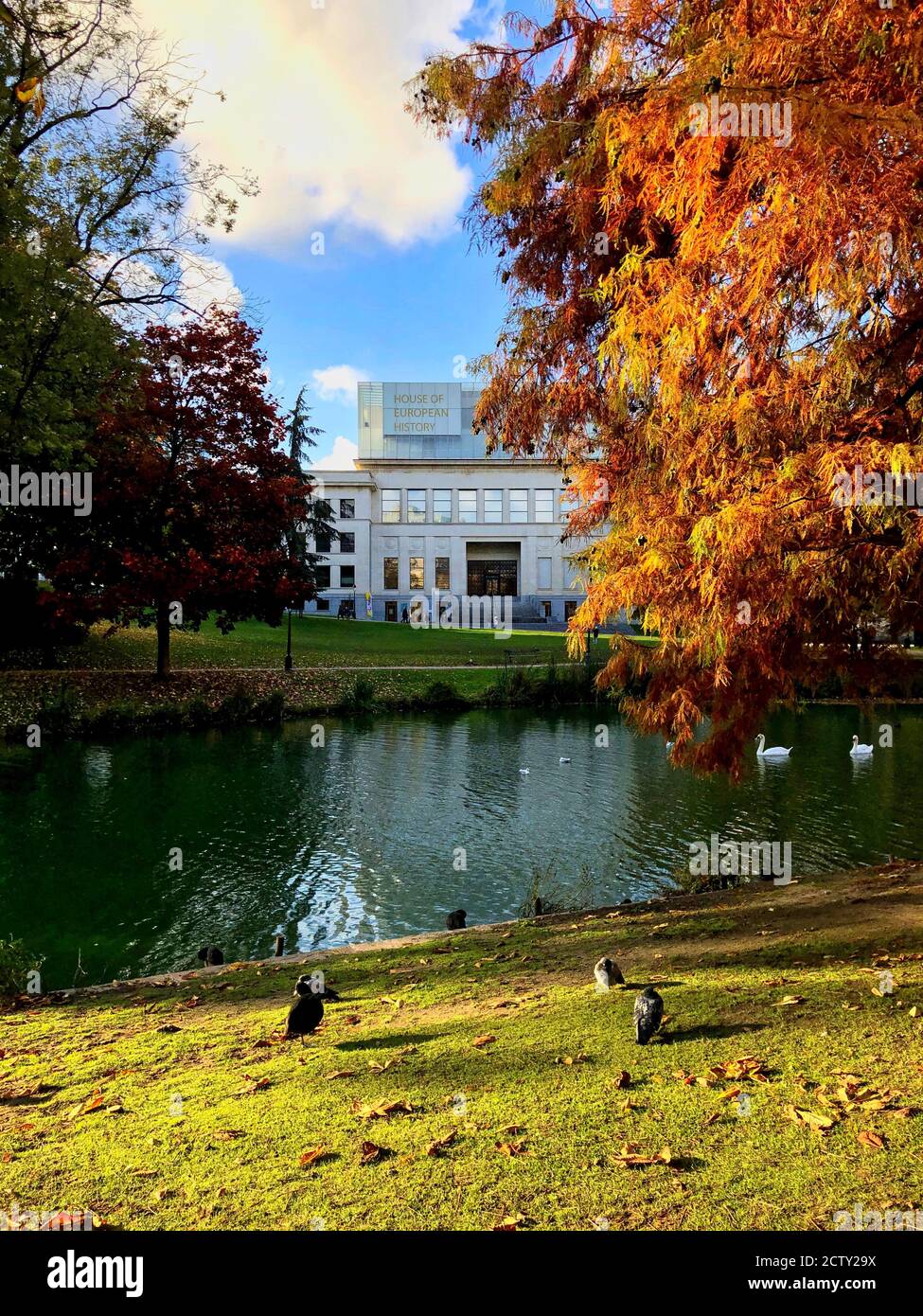 Herbststimmung im Leopold Park in Brüssel mit bunten Bäumen, Wasservögeln und Außenansicht des Hauses der europäischen Geschichte während Sonnentag. Stockfoto