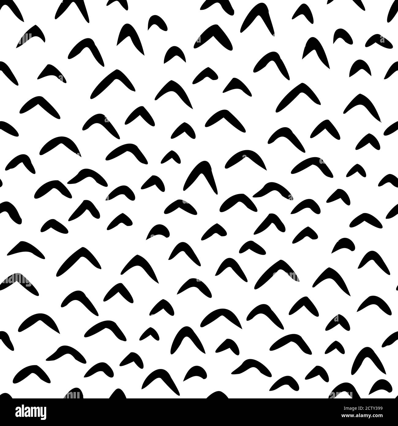 Minimalistischer weißer und schwarzer abstrakter Chevron-Hintergrund. Handgezeichnetes Vektormuster. Lustige Vogel Bohemian Tapete. Stock Vektor