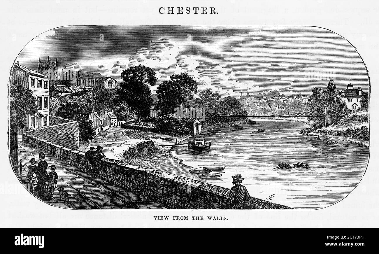 Blick von den Mauern in Chester, England Victorian Engraving, 1840 Stockfoto