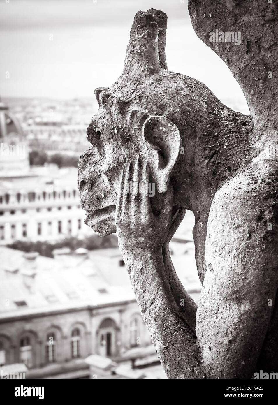 Kathedrale Notre Dame de Paris in schwarz und weiß, Paris, Frankreich. Melancholische Chimäre Statue wie gotische Gargoyle Nahaufnahme, Architektur Detail Dach Stockfoto