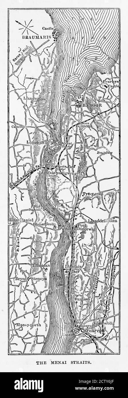 Karte der Menai Straits, Carnarvon, Wales Victorian Engraving, 1840 Stockfoto
