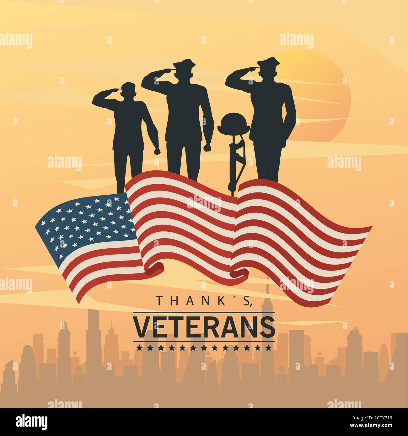 Happy Veterans Tag Schriftzug im Plakat mit Offiziere Militär und Stadtbild Vektor Illustration Design Stock Vektor