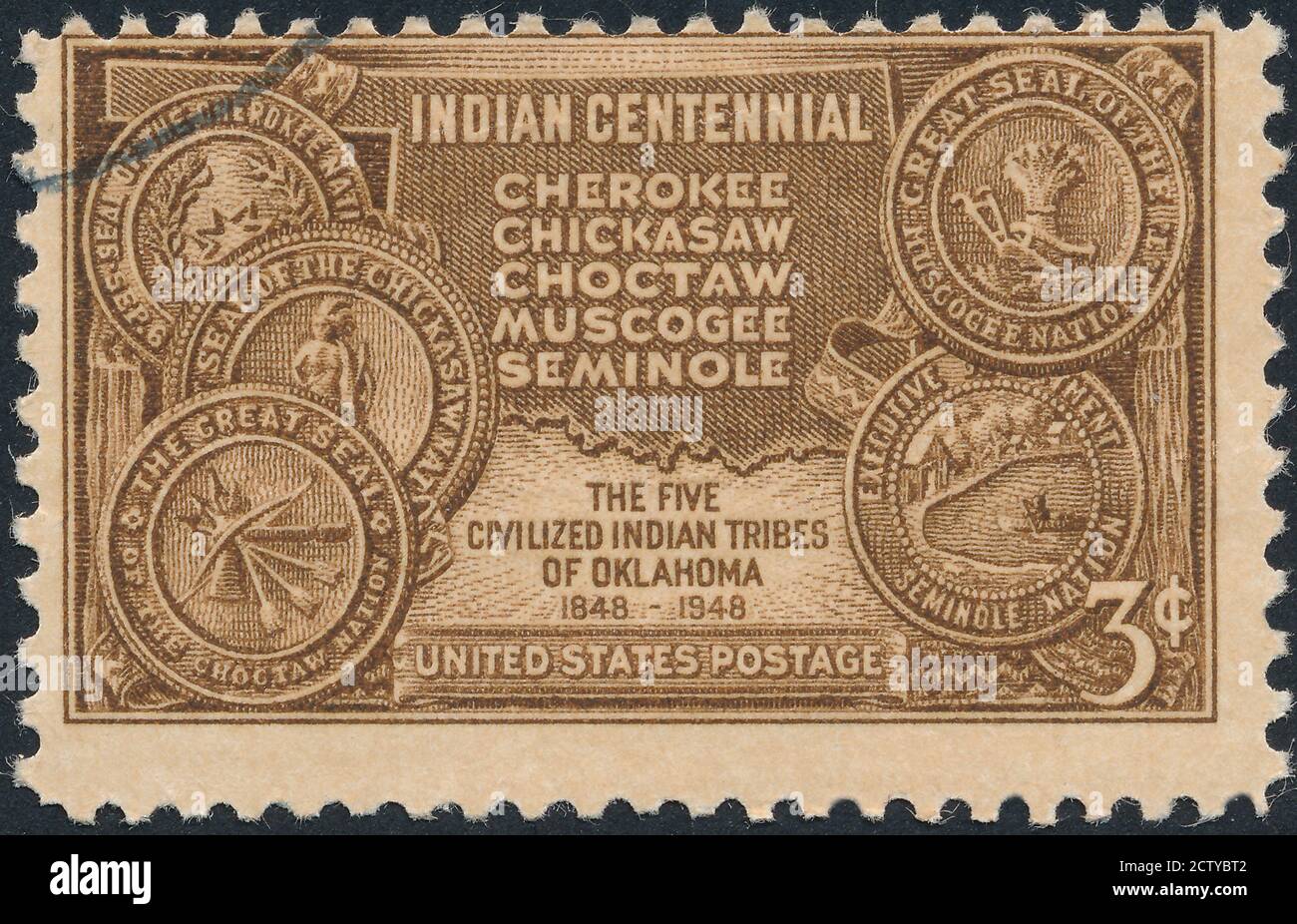 Indian Territory of Oklahoma Briefmarkenstockfoto Oklahoma, USA, Cherokee Culture, Cherokee Ethnicity, Indian Culture.abgesagte Briefmarke aus dem Vereinigten Sta Stockfoto