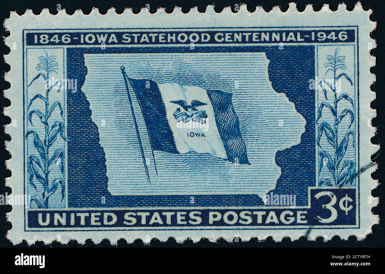 Iowa Statehood Stock photo Karte, Iowa, USA, Briefmarke, Monochrom, EINE Briefmarke gedruckt in USA gewidmet Iowa Statehood Centenary, um 1946 Stockfoto