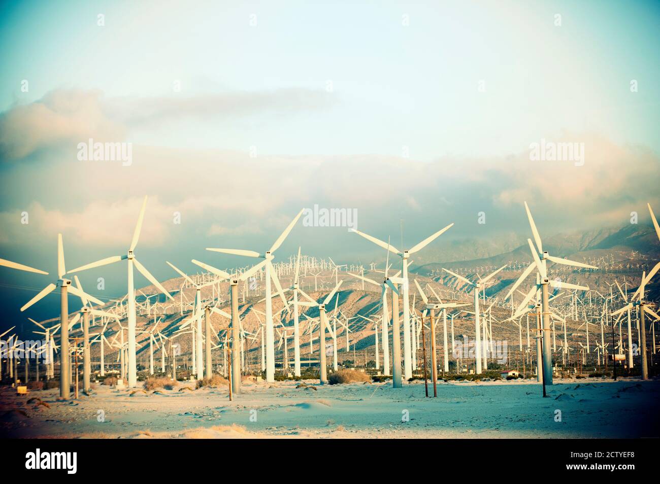 Windturbinen mit Bergen im Hintergrund, Palm Springs, Riverside County, Kalifornien, USA Stockfoto