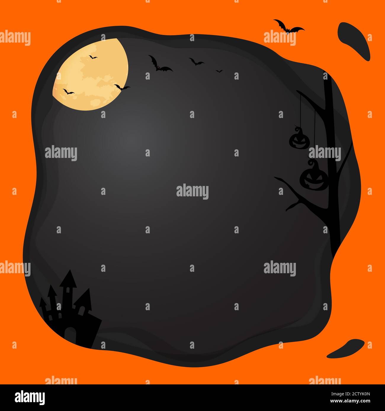 Der quadratische Vektor Halloween quadratische Schablone Hintergrund mit schwarz, orange Schicht Rand, Mond, Fledermaus, Kürbis Stock Vektor