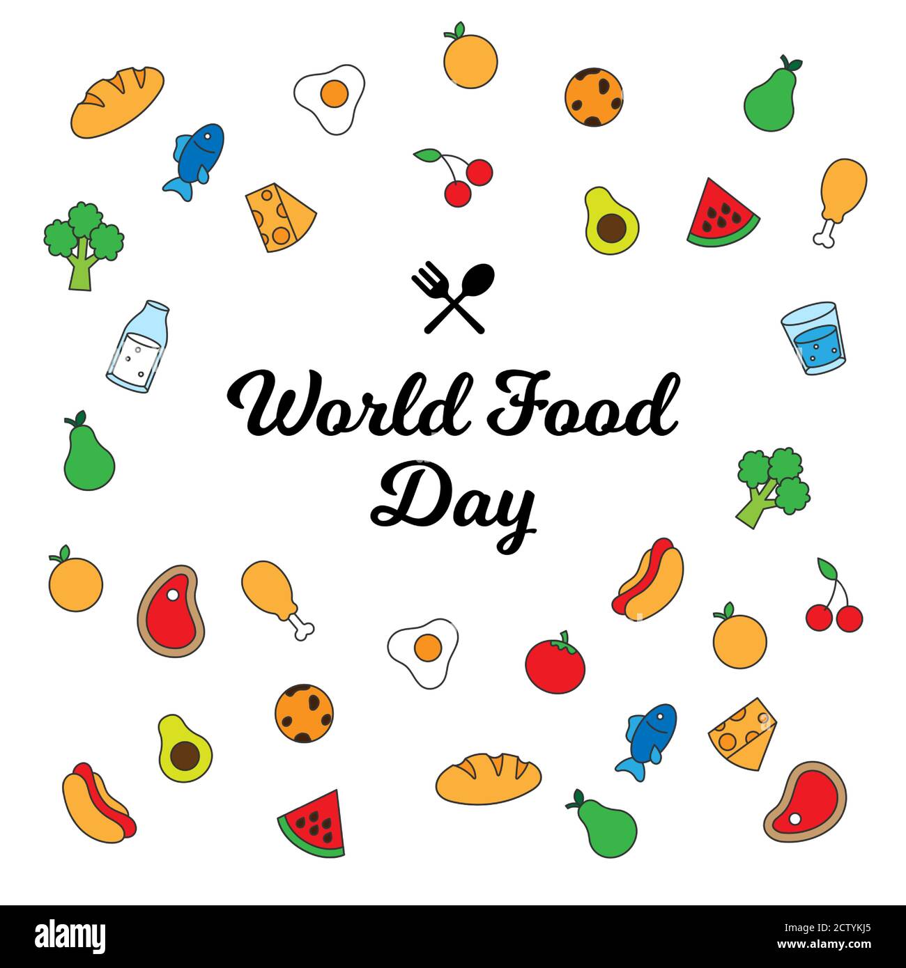World Food Day Feier Poster Hintergrund-Design. Verschiedene Arten von Lebensmitteln trinken einfache Symbol Vektor-Illustration. Stock Vektor