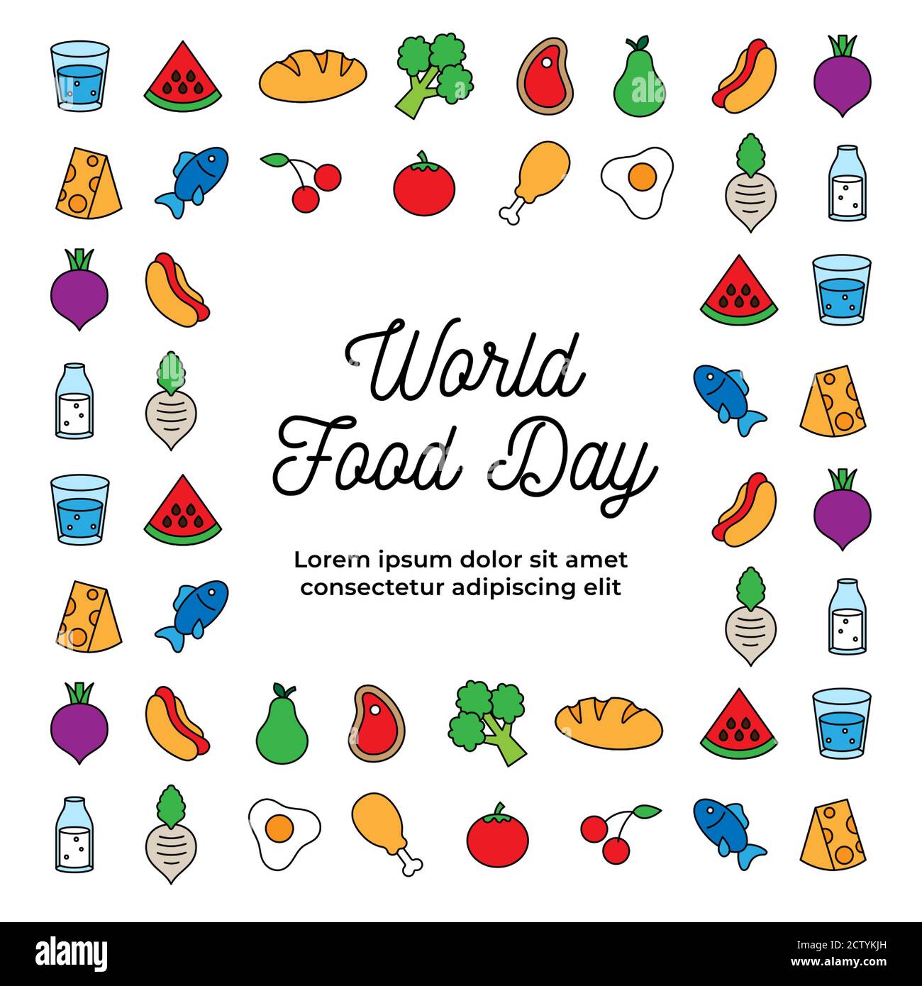 World Food Day Feier Poster Hintergrund-Design. Verschiedene Arten von Lebensmitteln trinken einfache Symbol Vektor-Illustration. Stock Vektor