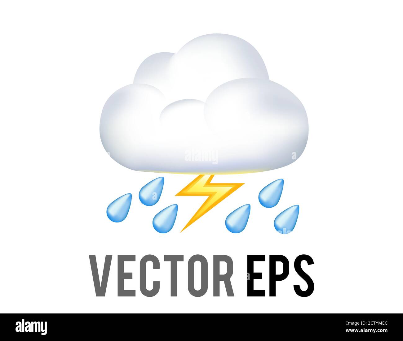 Der isolierte Vektor blaue Regentropfen fallen aus der weißen Wolke mit Blitzschlag blinkt Stock Vektor