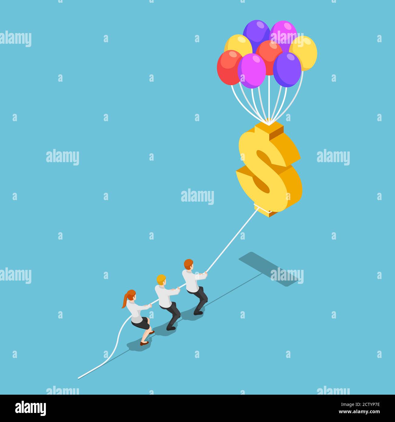 Flache 3d isometrische Business-Team zieht schwimmende Dollar-Zeichen mit Ballon. Inflationsrate und Finanzkonzept. Stock Vektor