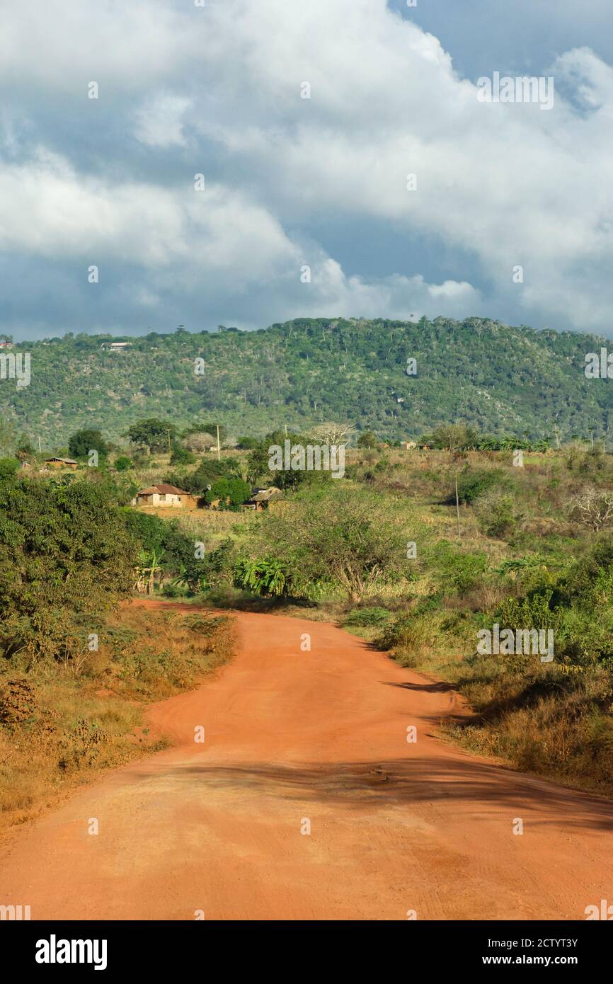 Ein Abschnitt der unbefestigten C106-Straße mit Shimba Hills im Hintergrund, Kenia, Ostafrika Stockfoto