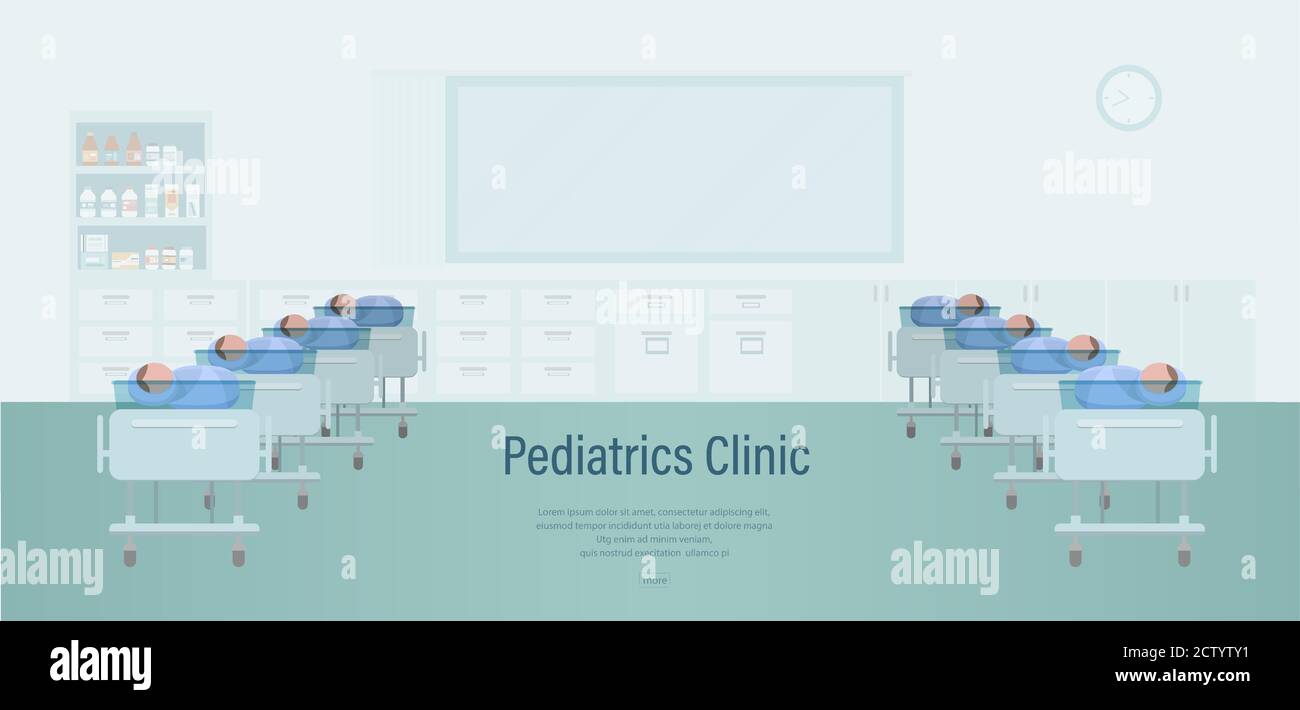 Kinderklinik Banner mit Neugeborenen Babys flache Design Vektor Illustration Stock Vektor