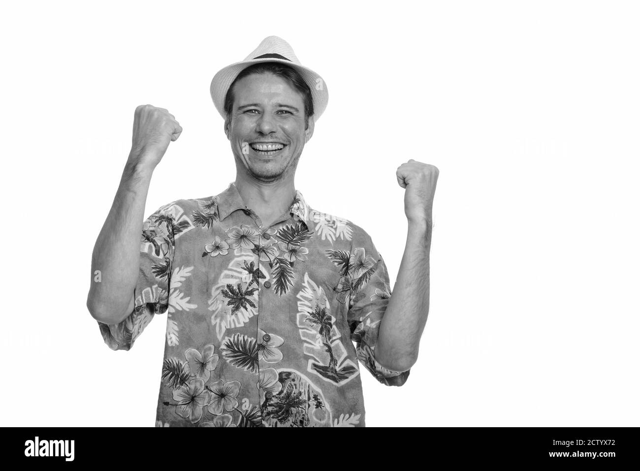 Happy kaukasischen Mann aufgeregt, bereit für den Urlaub Stockfoto Happy kaukasischen Mann aufgeregt, bereit für den Urlaub Stockfoto