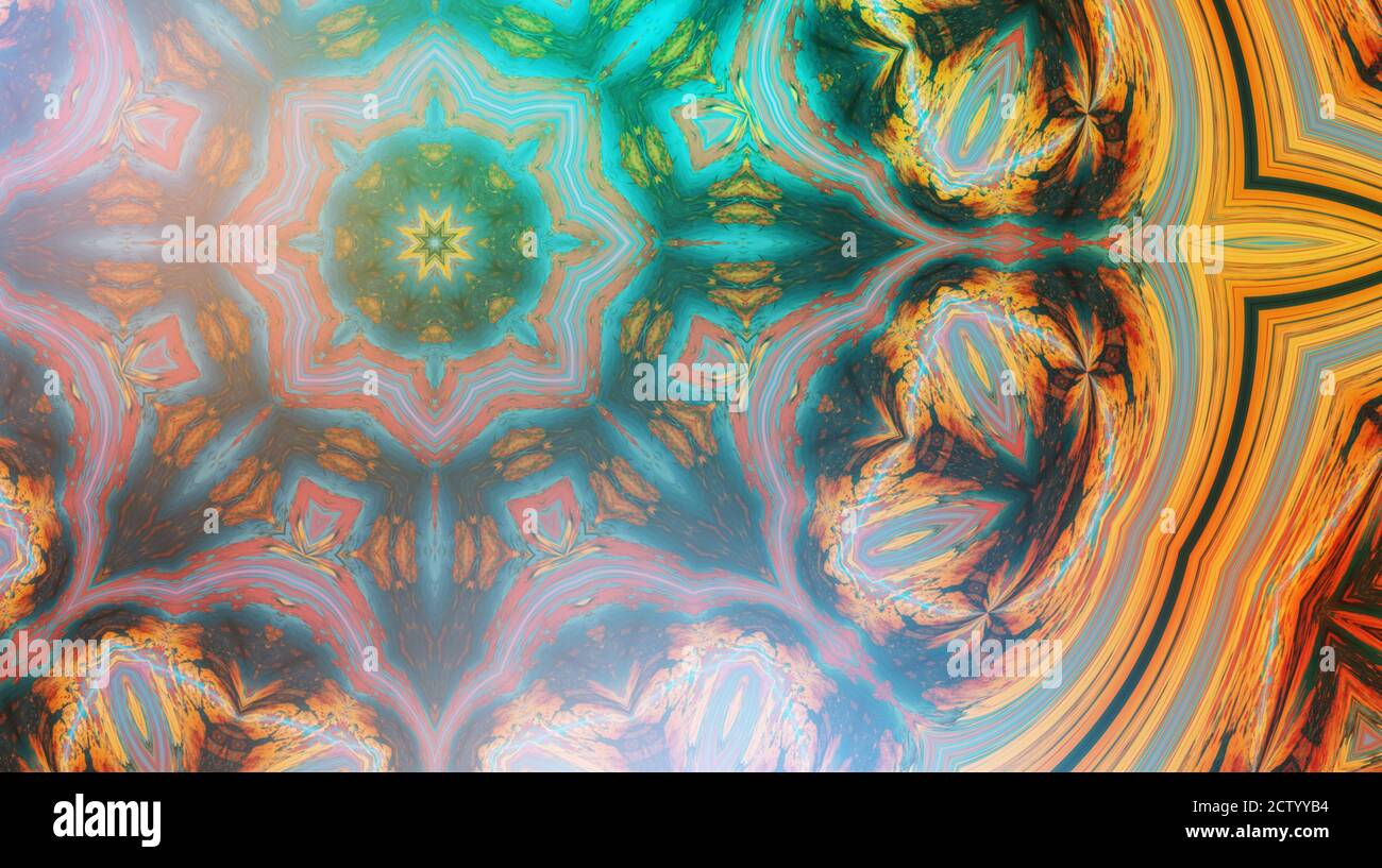 Teil eines schönen Mandalas mit Ornamenten in Cyan und Orange. Esoterische Magie Konzept Stockfoto