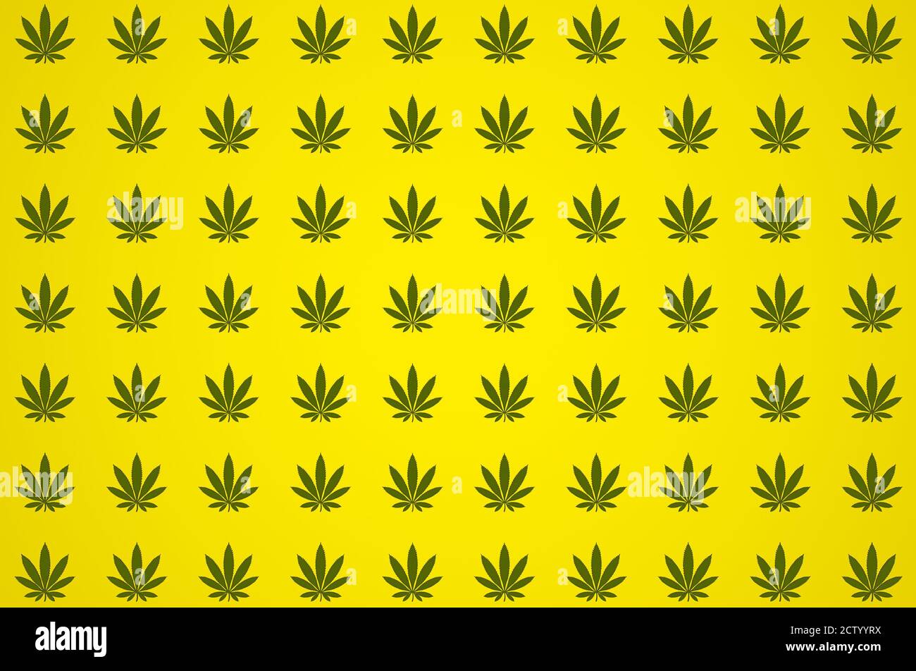 Cannabis Blätter auf einem gelben Hintergrund.Muster.3D Rendering. Stockfoto