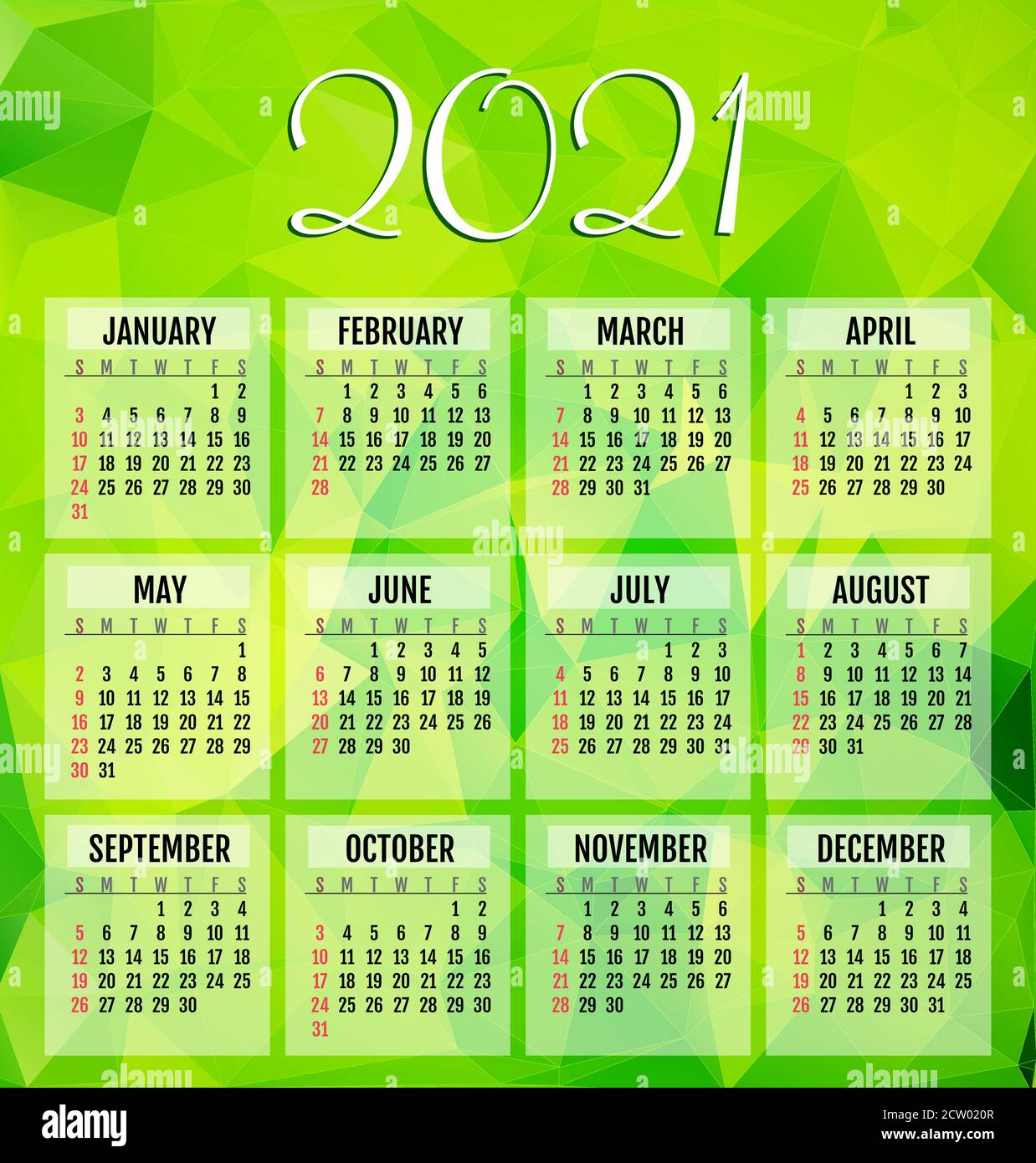 Vektor-Kalender 2021 Jahr mit grünem abstrakten Hintergrund. Woche beginnt ab sonntag Stock Vektor