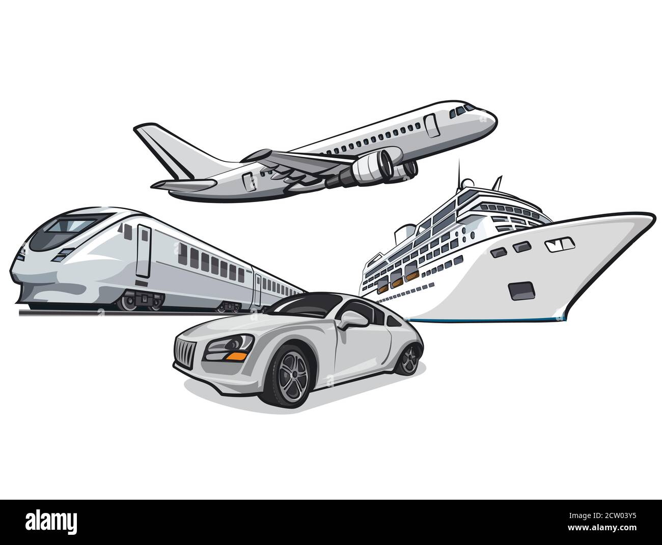 Darstellung des Transports für Reise, Auto, Zug, Kreuzfahrtschiff und Flugzeug Stock Vektor