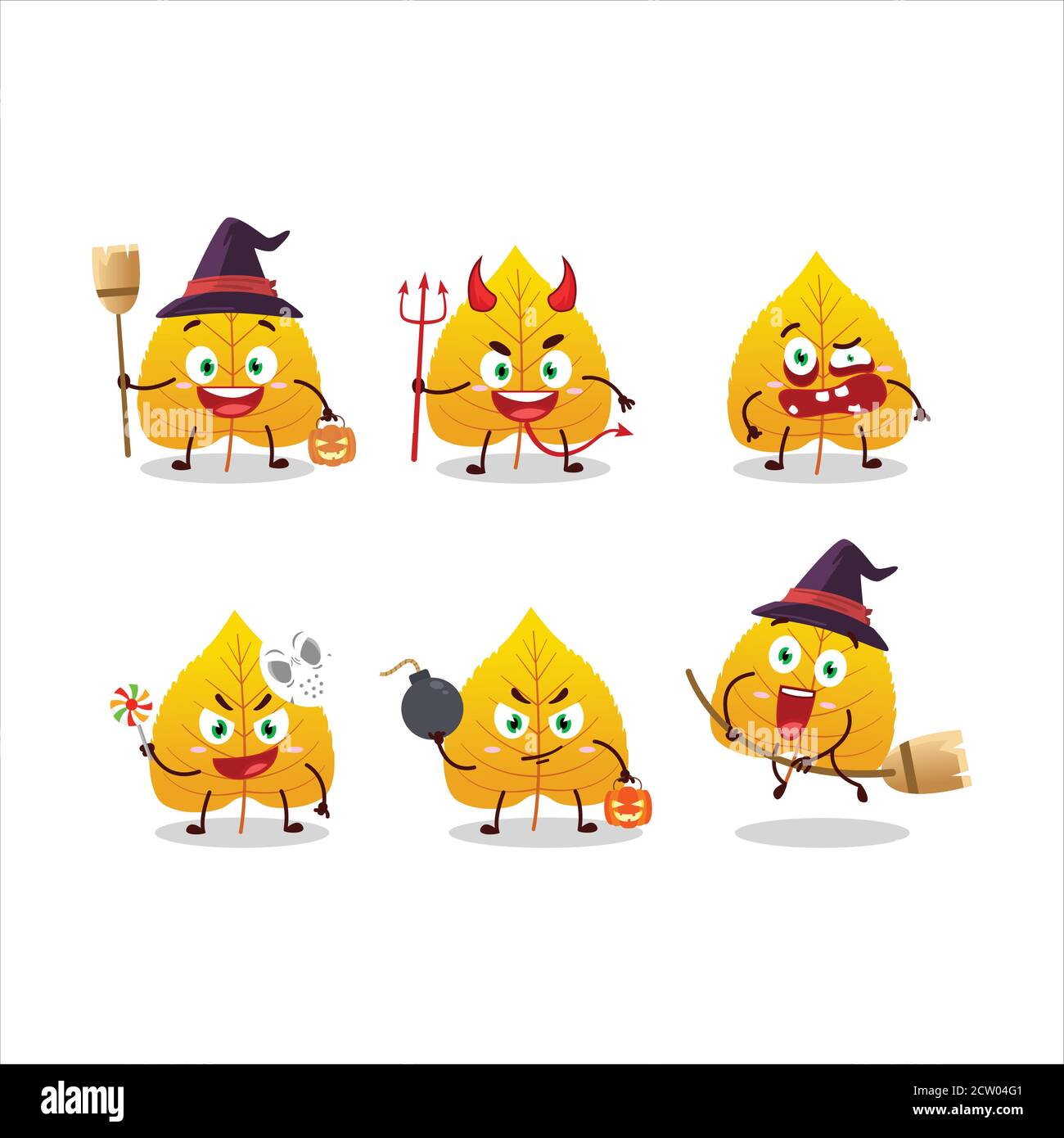 Halloween Ausdruck Emoticons mit Cartoon-Charakter aus gelben getrockneten Blättern Stock Vektor