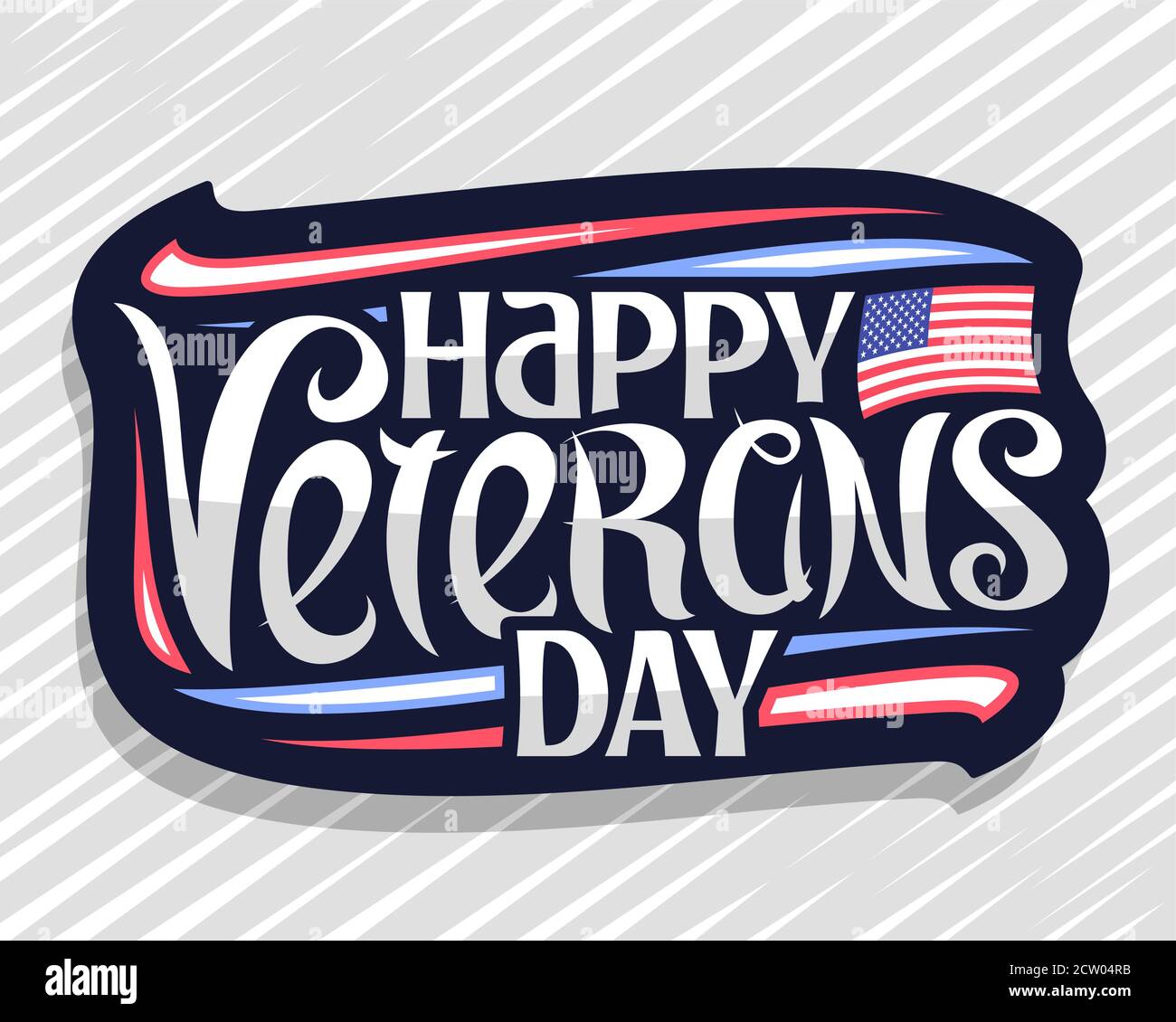 Vektor-Logo für Veterans Day, dunkles Abzeichen mit Darstellung der nationalen rot und blau gestreiften Flagge der USA, dekorative Schnörkel und Sterne, einzigartige lette Stock Vektor