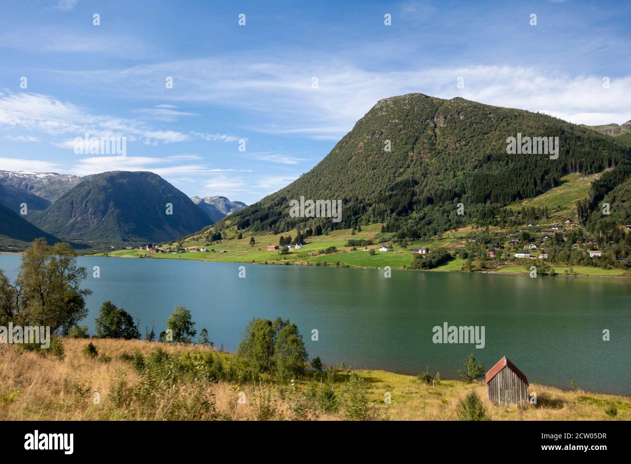 Grüne Landschaft in einem Fjord in Norwegen Stockfoto