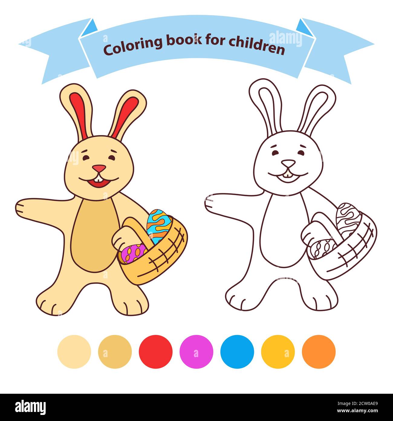 Kaninchen mit einem Korb ostereier. Isoliert auf weißem Hintergrund. Stock Vektor