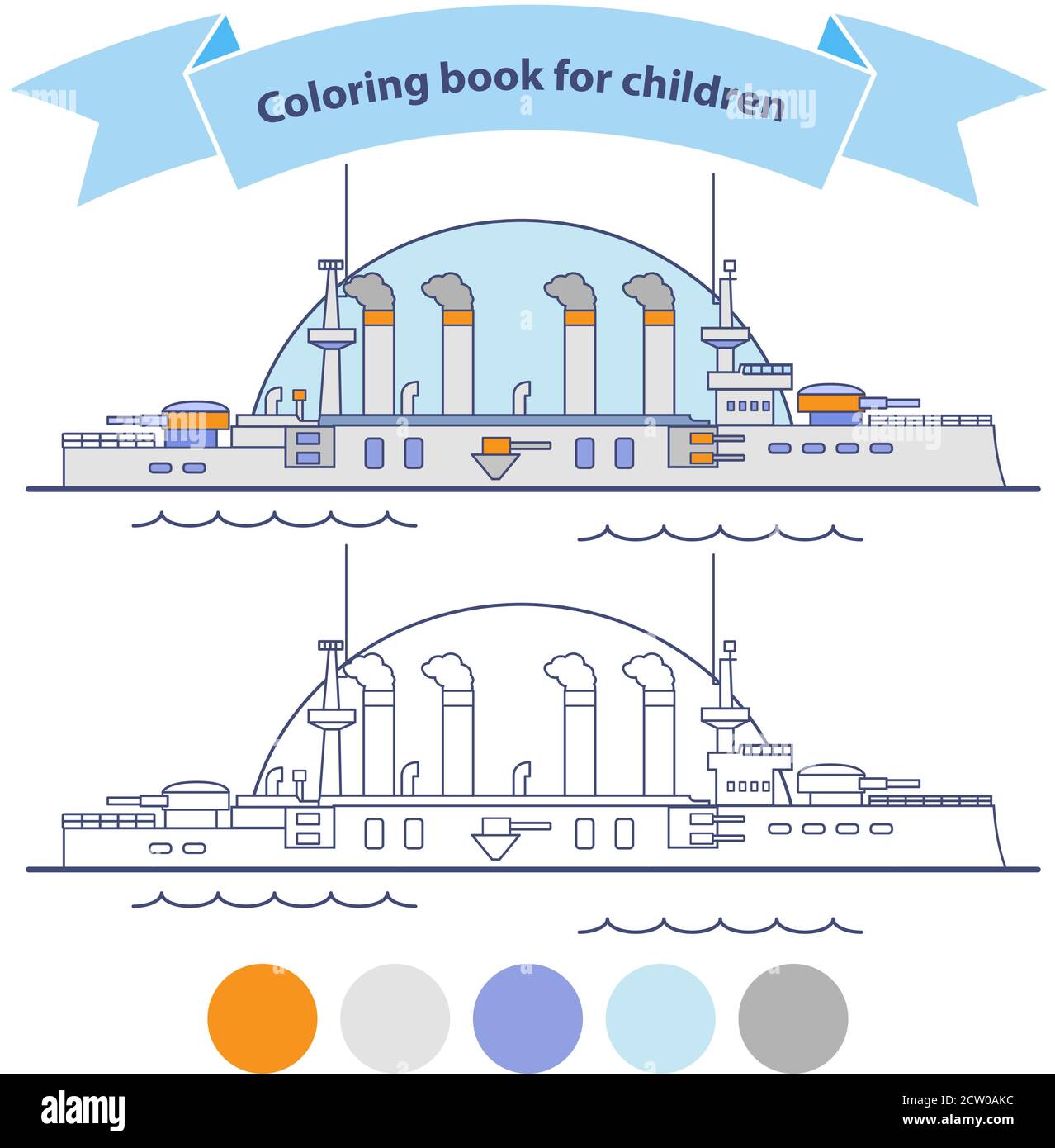 Das Kriegsschiff mit Artillerie. Battleship Bild für Kinder. Stock Vektor