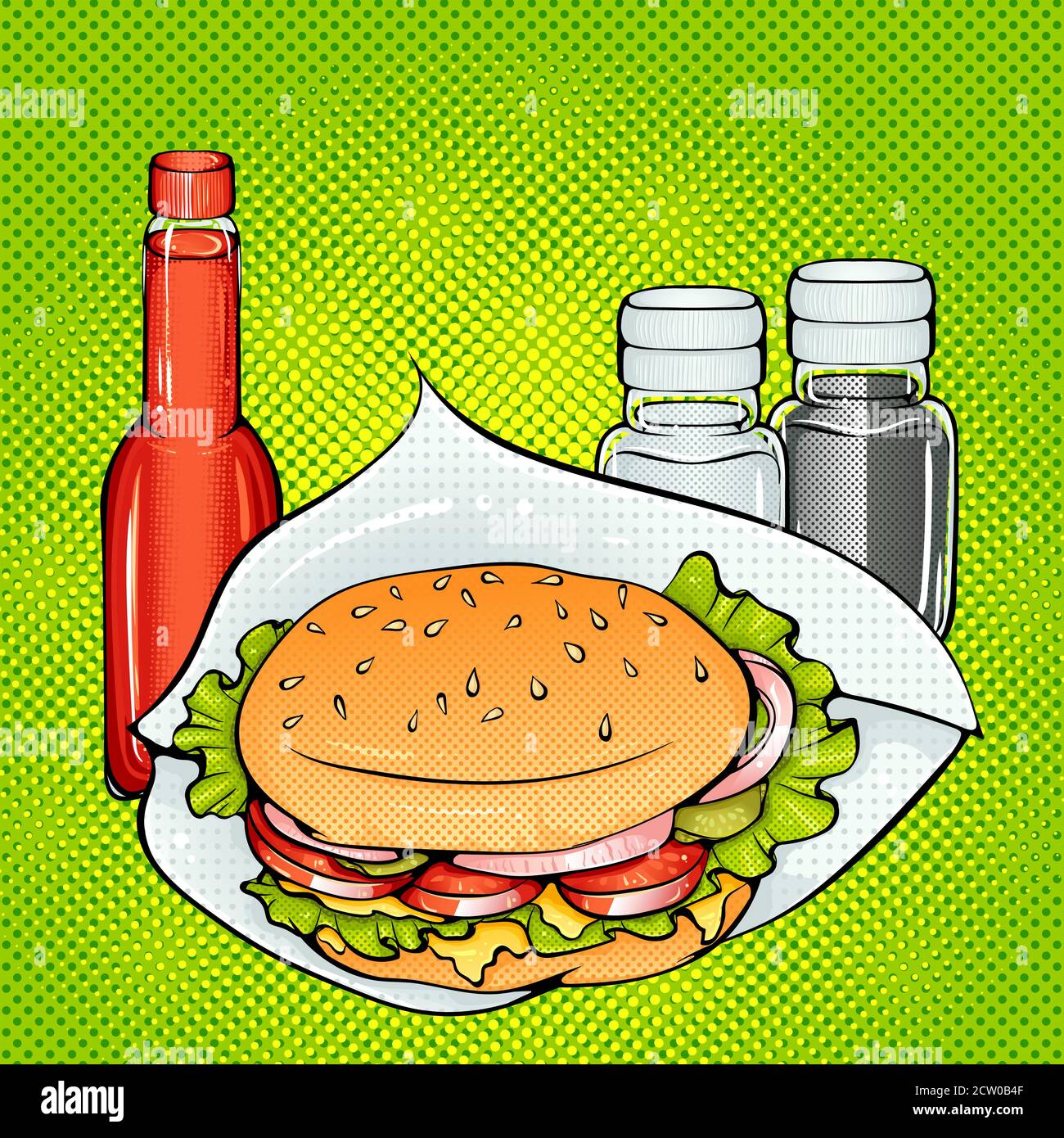 Burger mit Käse, Salz und Pfeffer Shaker und Tomatensauce. Vektor helle Farbe Pop Art Illustration. Fastfood-Poster im Retro-Pop-Art-Stil. Abbildung für den Druck Stock Vektor