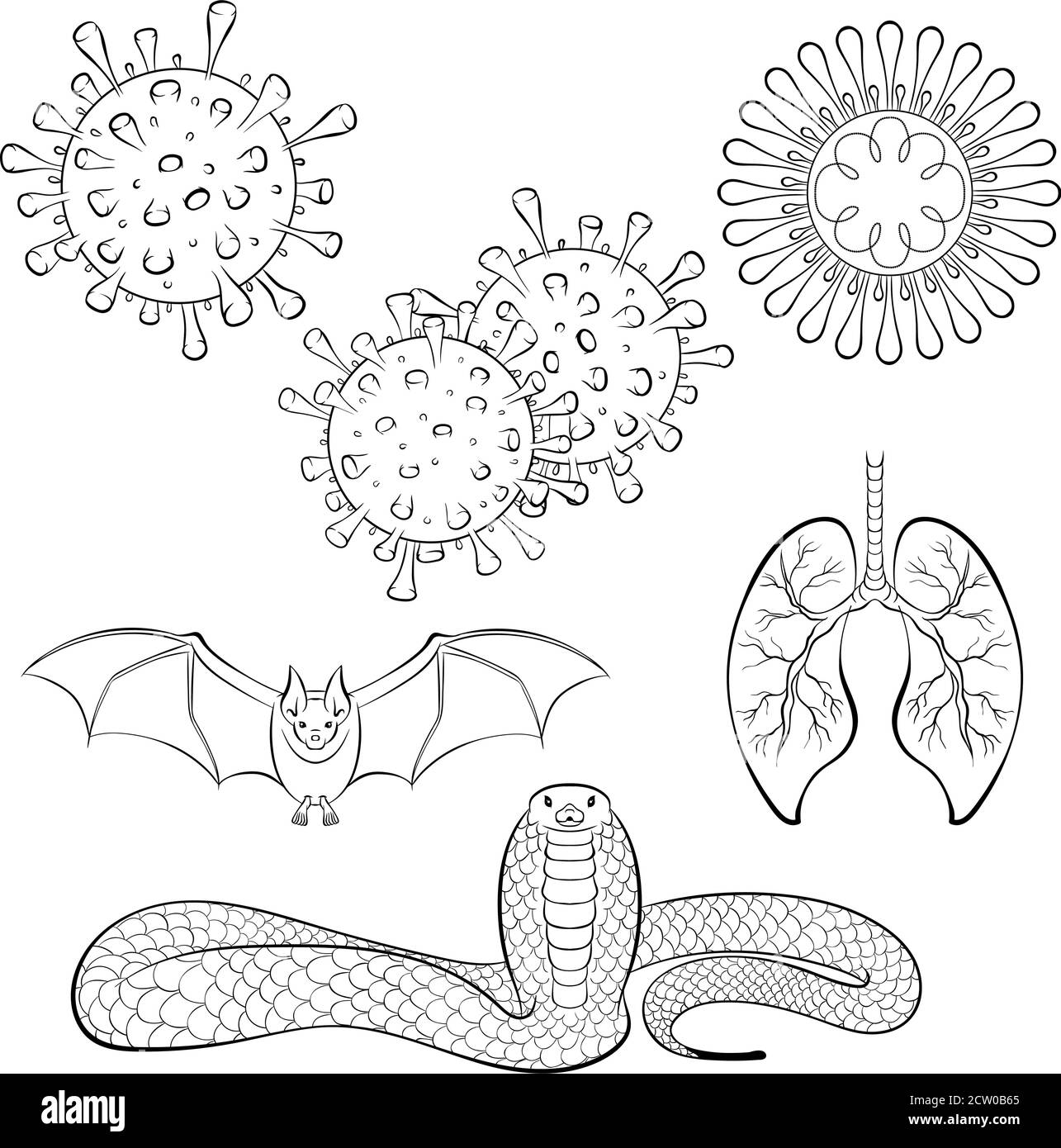 Coronavirus Line Art Symbole gesetzt. Viren und wahrscheinliche Träger von Infektionen Fledermaus und Schlange. Handzeichnung Vektorgrafik isoliert auf weißem Hintergrund Stock Vektor