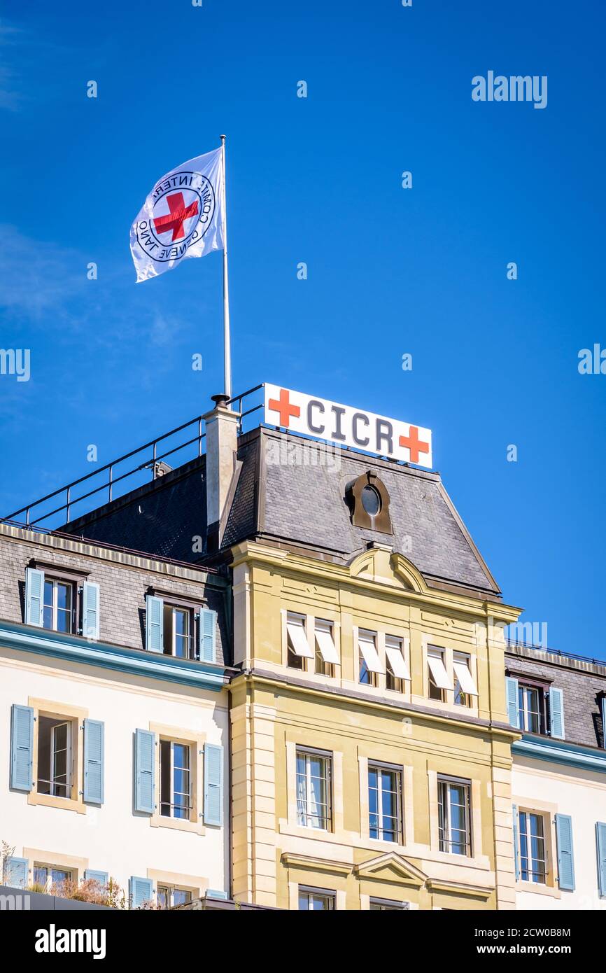 Nahaufnahme der Fassade des Hauptquartiers des Internationalen Komitees vom Roten Kreuz (IKRK), einer humanitären Organisation in Genf, Schweiz. Stockfoto