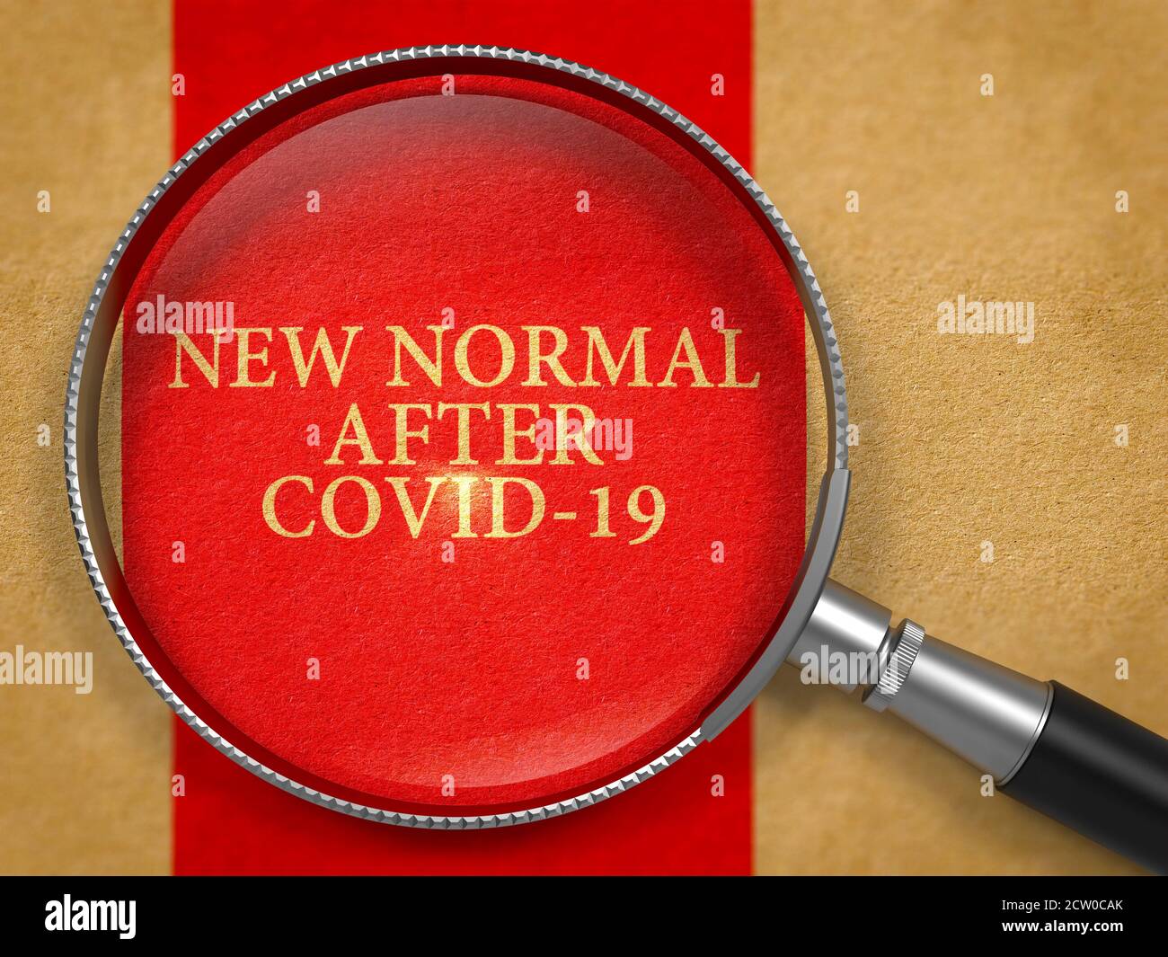 Neu Normal nach Covid-19 durch Lupe auf altem Papier mit rotem vertikalem Linienhintergrund. Stockfoto