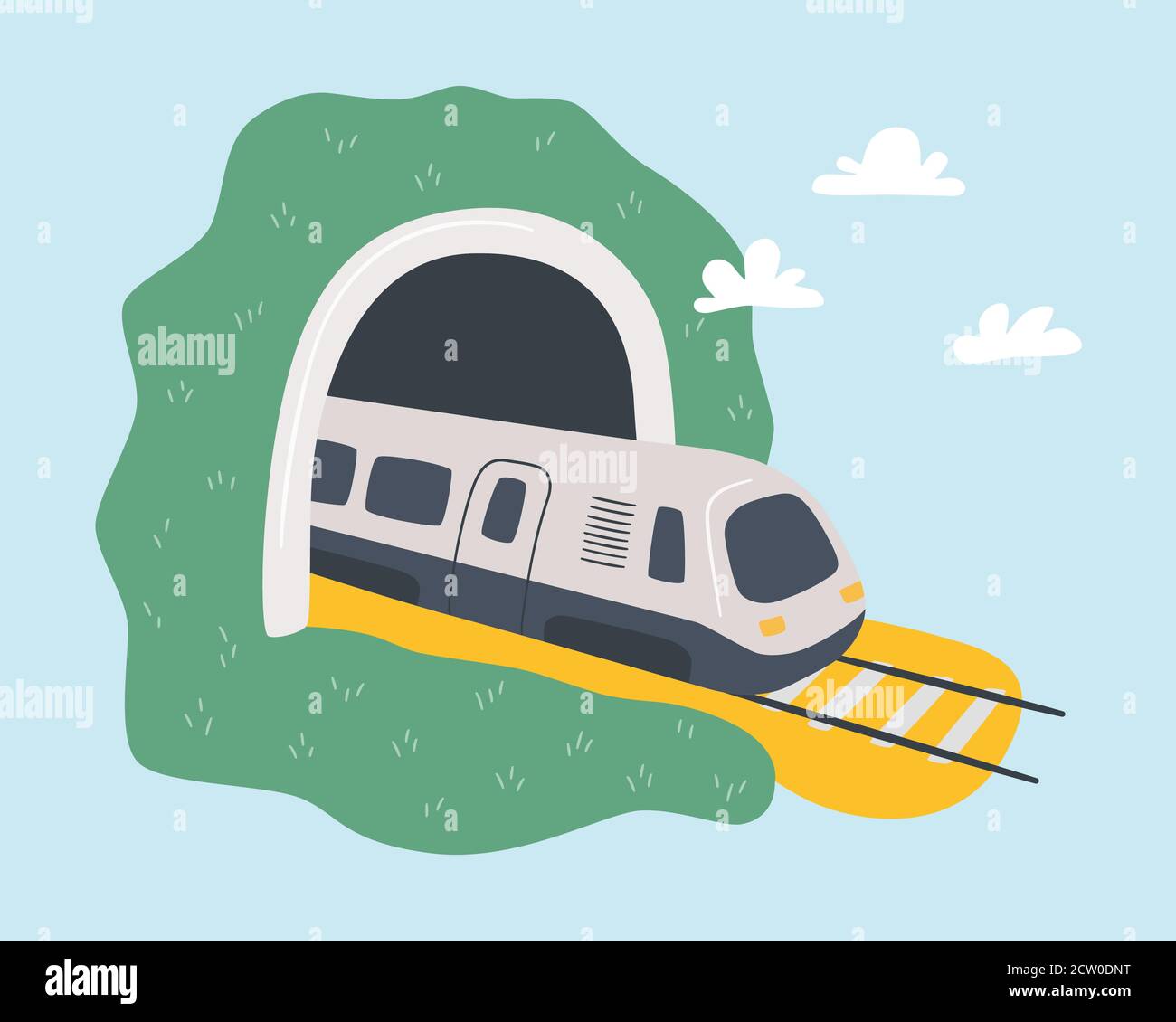 Der Hochgeschwindigkeitszug verlässt den Tunnel. Anreise mit der Bahn. Handgezeichnete Vektorgrafik Stock Vektor