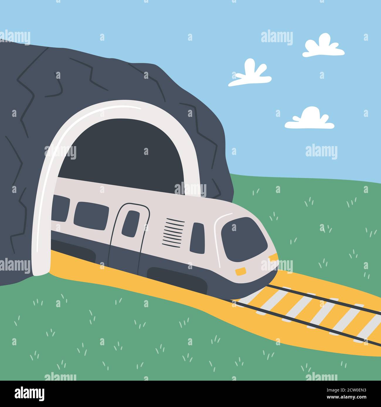Hochgeschwindigkeitszug und Bergtunnel. Handgezeichnete Vektorgrafik Stock Vektor