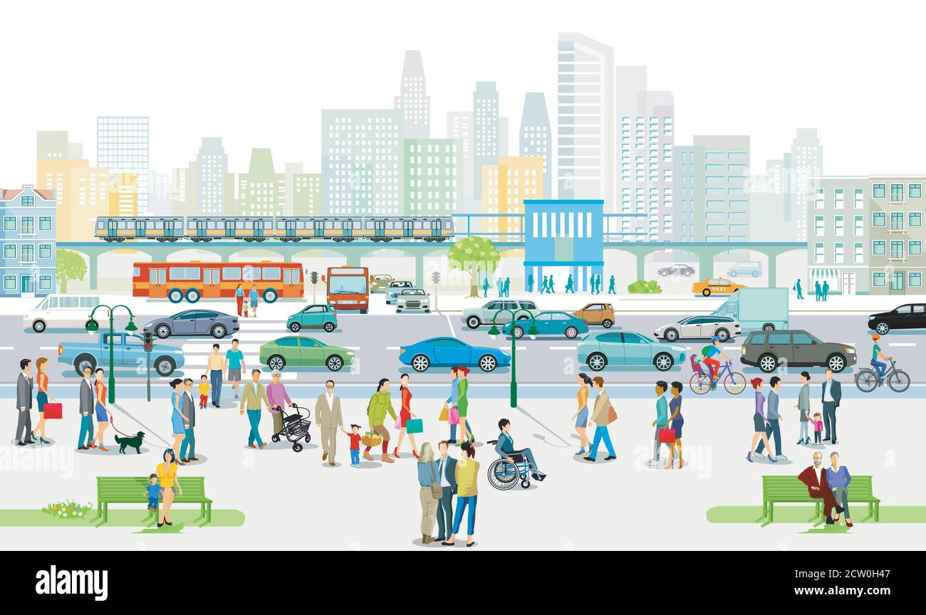 City Silhouette mit Menschen auf dem Bürgersteig und Straßenverkehr, Illustration Stock Vektor