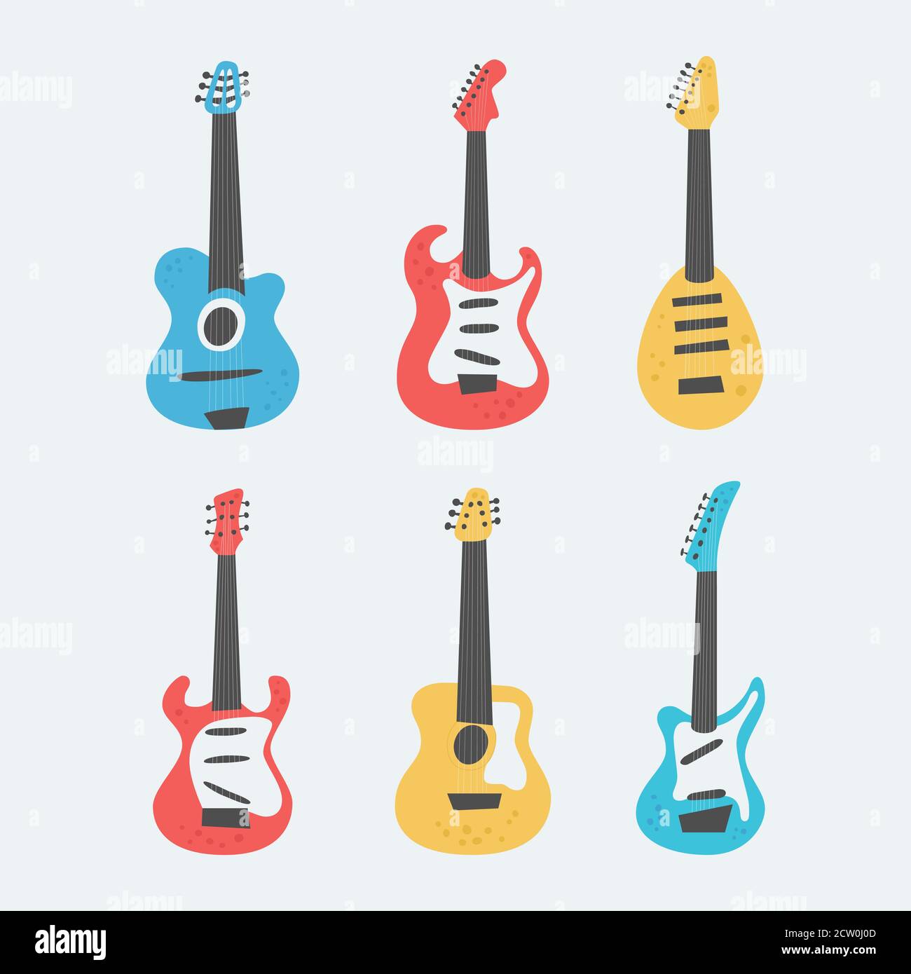 Set von akustischen und elektrischen Gitarren auf hellem Hintergrund. String Musikinstrumente auf niedlichen flachen Cartoon-Stil. Stock Vektor