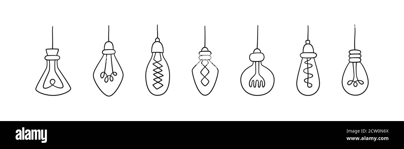 Handgezeichneter Vektor-Satz von Glühlampen. Kollektion von Loft-Lampen im Doodle-Stil. Stock Vektor