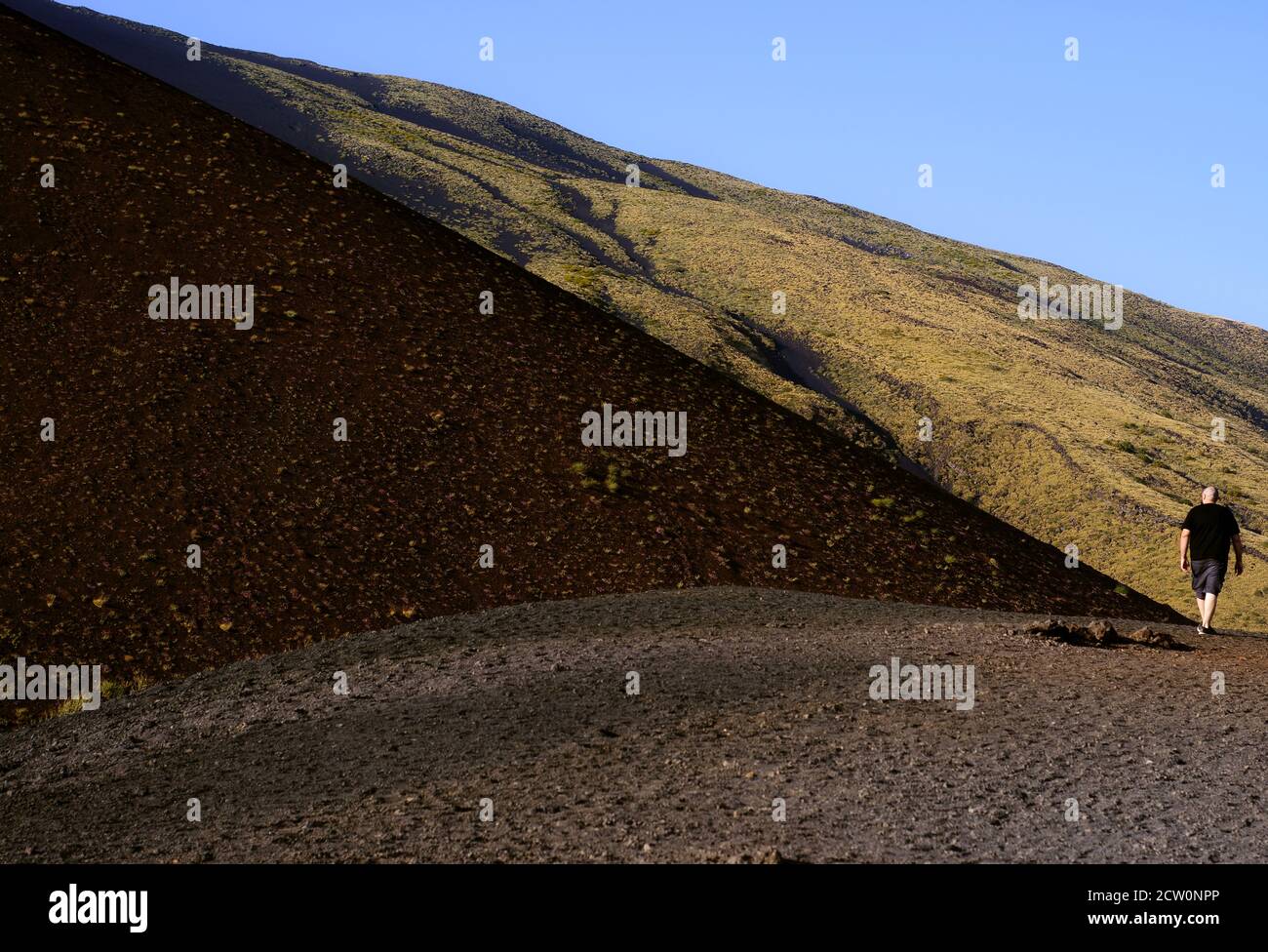 Der kaukasische Mann erkundet den Ätna auf Sizilien, eingebettet in die wunderschöne Vulkanlandschaft. Tourist in der Natur Stockfoto
