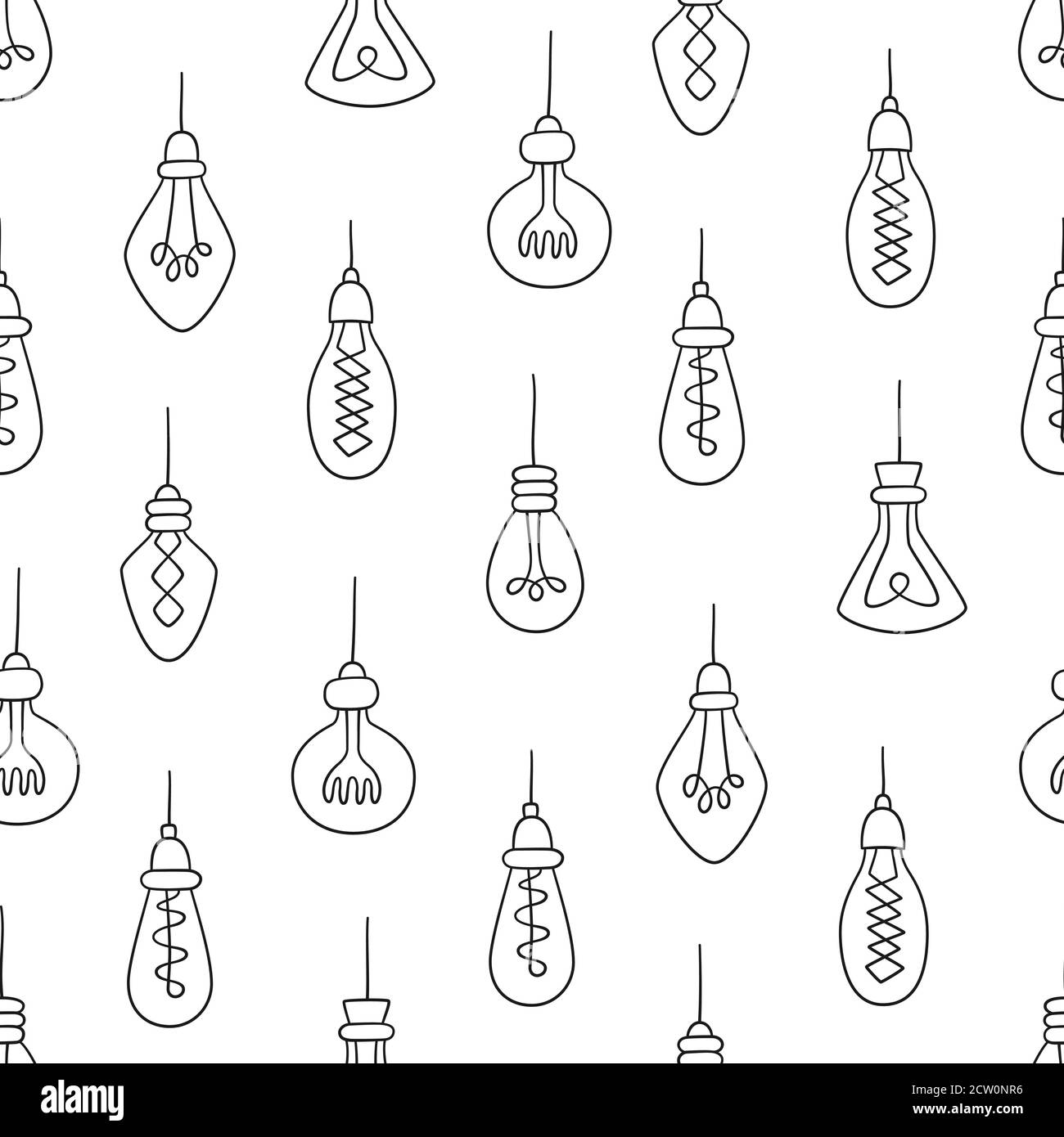 Handgezeichnetes nahtloses Muster von Glühbirnen. Loft-Lampen im Doodle-Stil. Stock Vektor