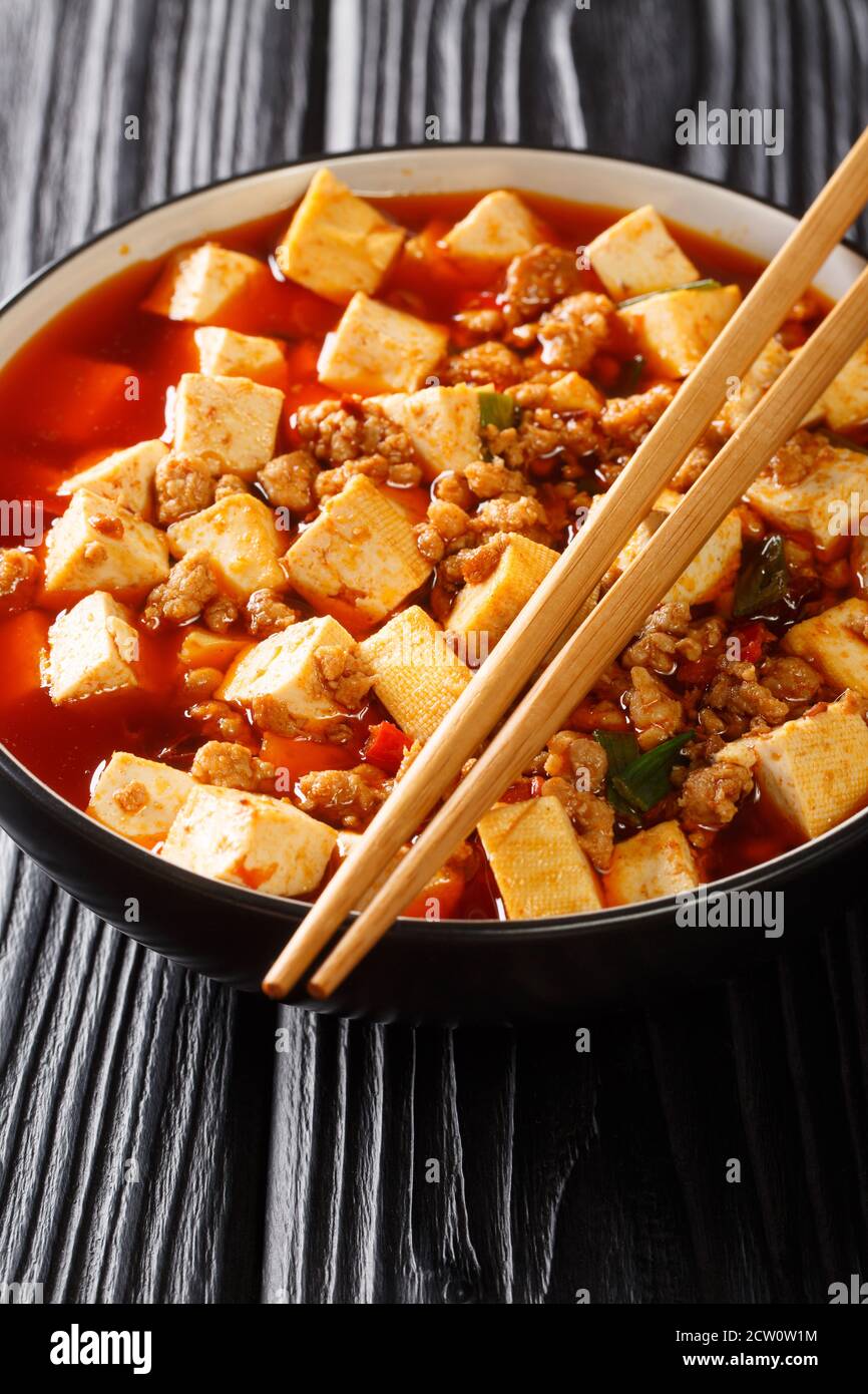 Authentische chinesische Stil mapo tofu ist eines der Branding-Gerichte der Szechuan Küche Nahaufnahme in der Platte auf dem Tisch. Vertikal Stockfoto