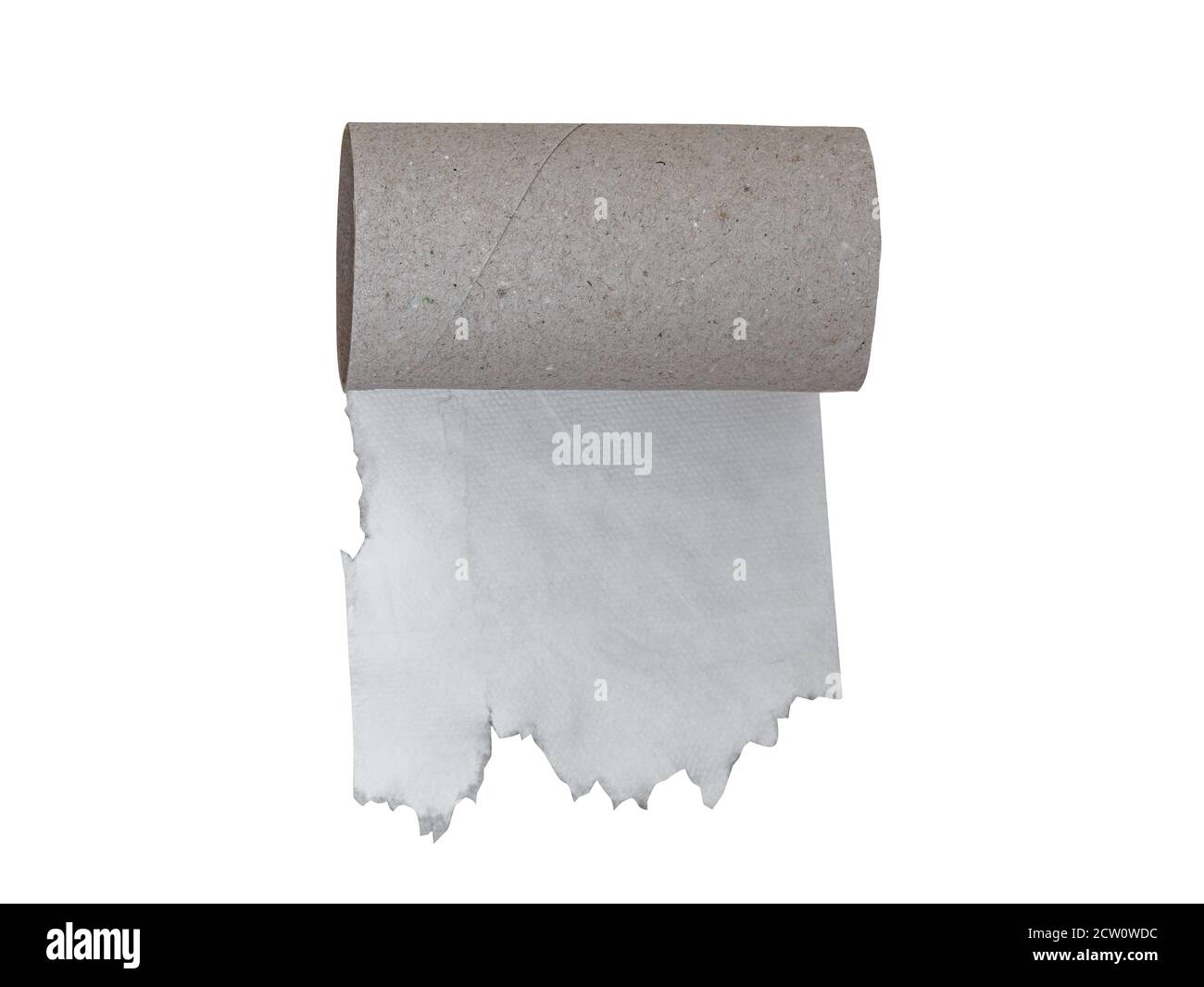 Leere Rolle Toilettenpapier letztes Blatt isoliert auf weiß. Stockfoto