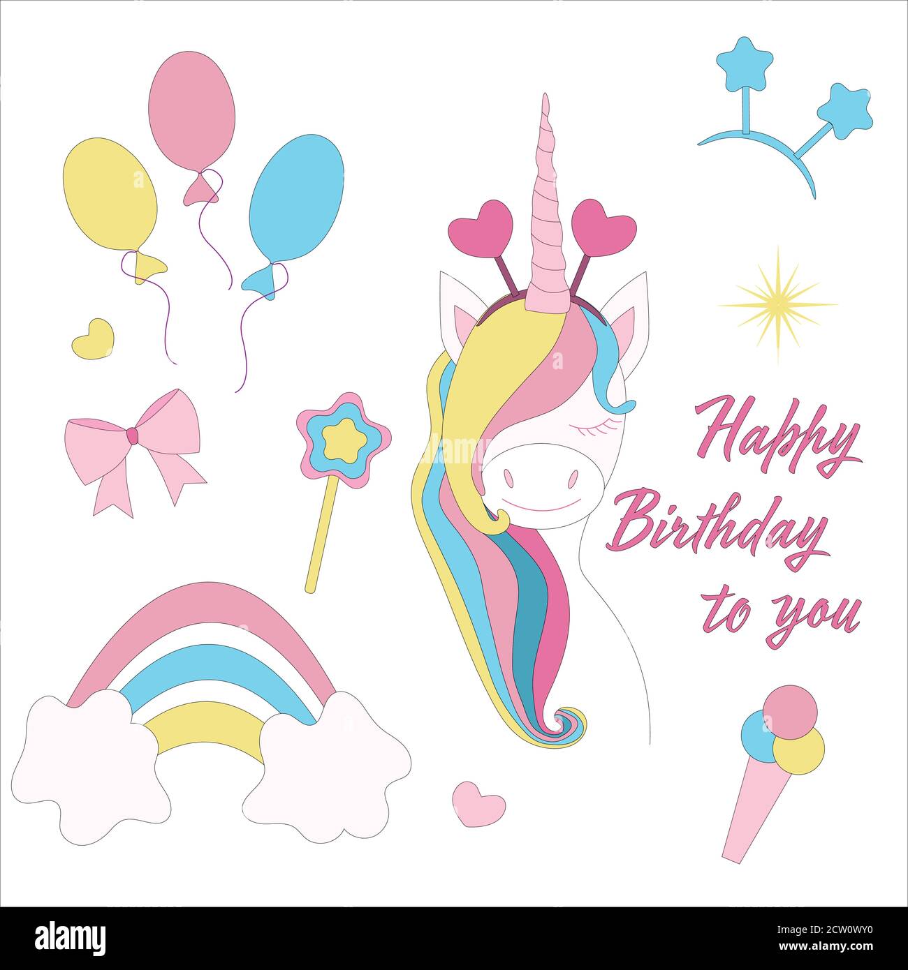 Set von Design-Elementen Einhorn Magie, Alles Gute zum Geburtstag. Postkarte Stock-Vektorgrafik 