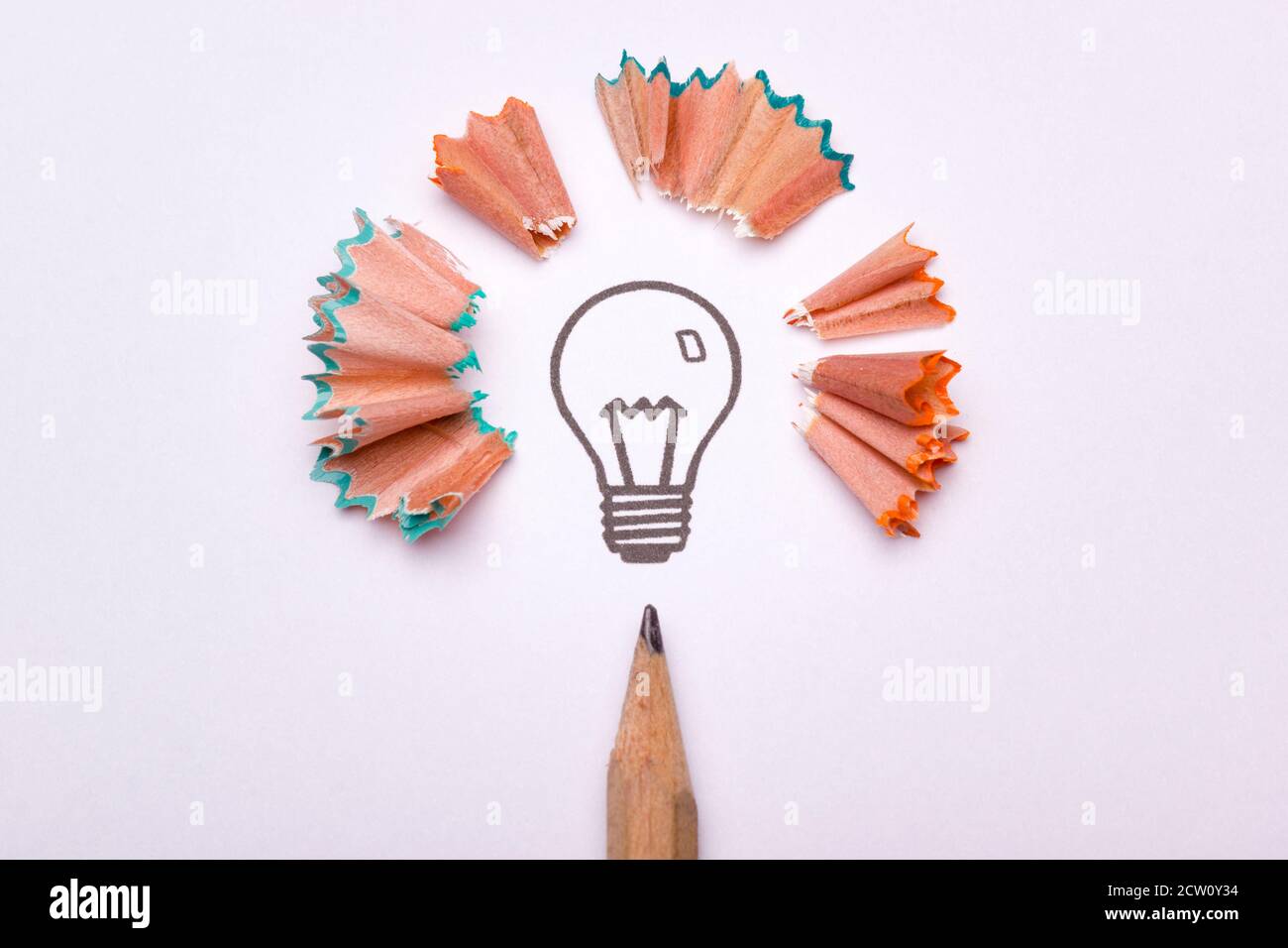 Eine Glühbirne, umgeben von Spitzerabfall und einem Bleistift Als Symbol der Kreativität Stockfoto