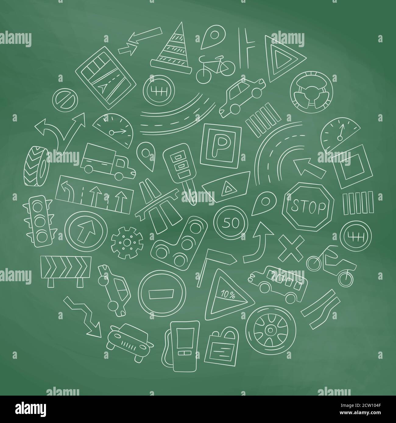 Set von Autos, Straßenobjekte, Verkehrszeichen und Auto-Symbole. Vektorgrafik im Doodle-Stil. Schwarzes Brett der Schule Stock Vektor